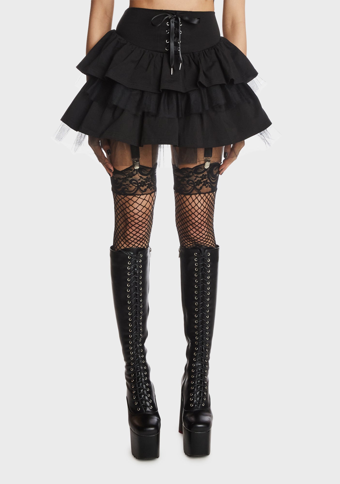 Widow Black Lace Trim Tiered Mini Skirt