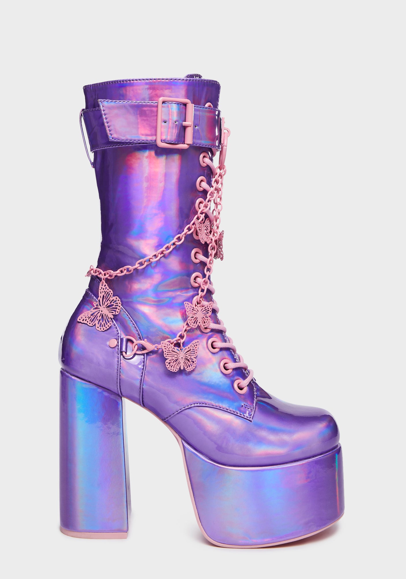 Club Exx Holographic Butterfly Chain Platform Boots - Purple