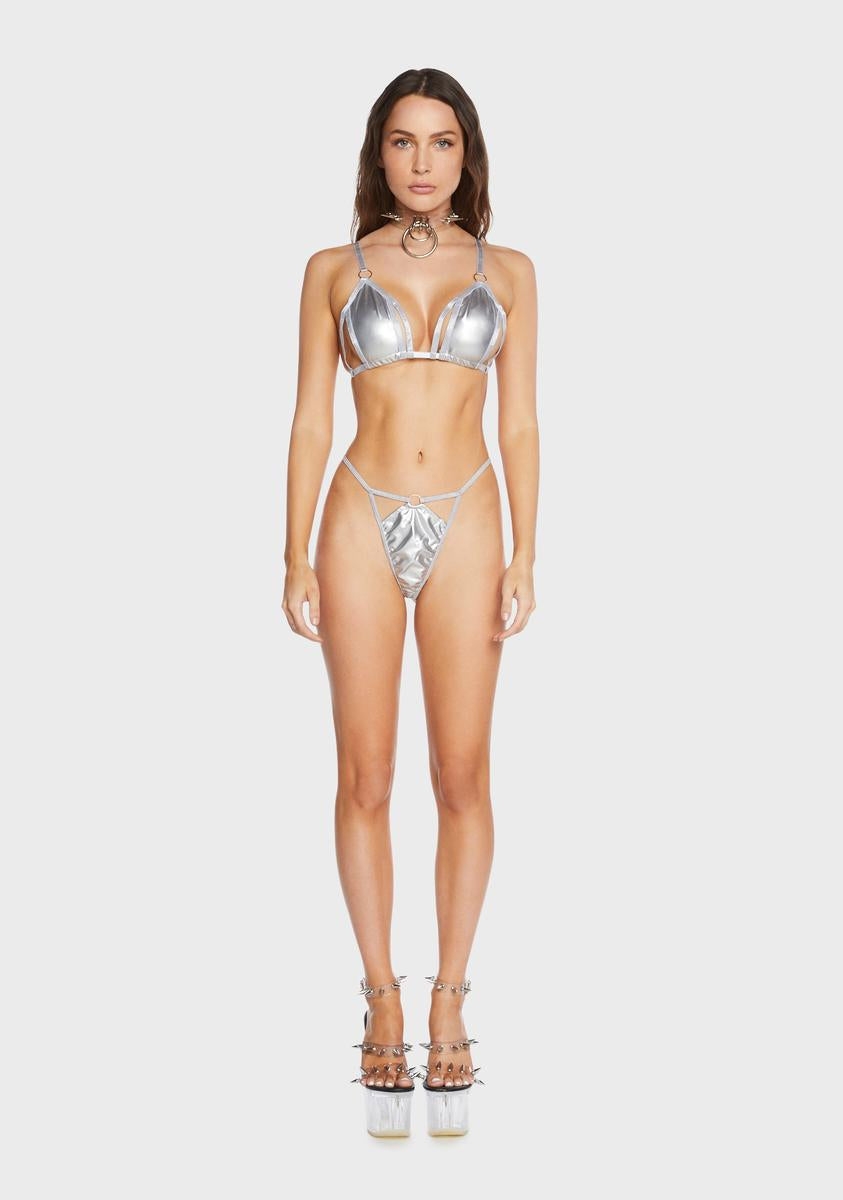 sexy metallic lingerie Liquid Metal 2-Piece Bra Metallic Mesh Halterneck Lingerie Set main image 0