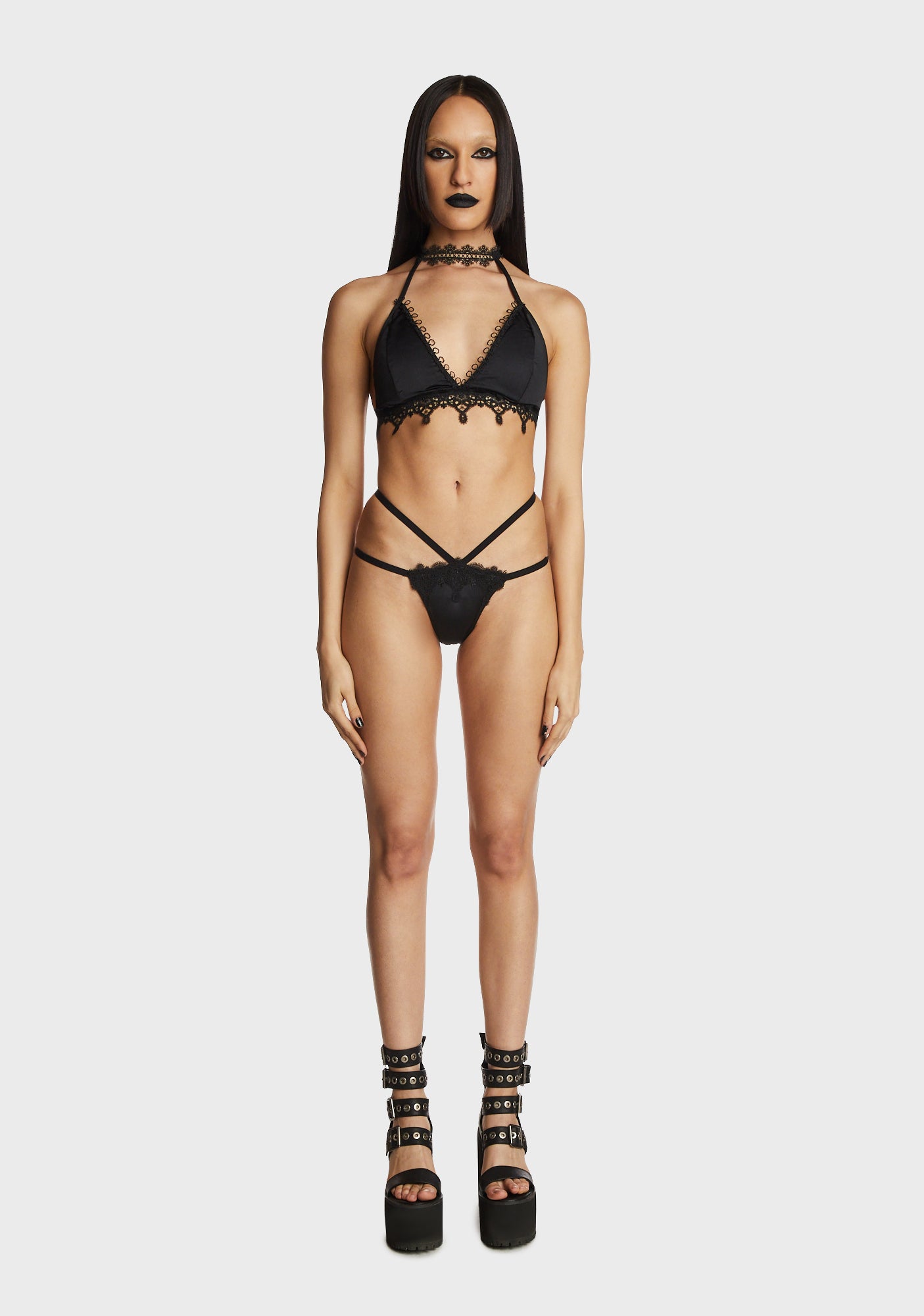 Devil Fashion Black Lace Trim Bikini Set