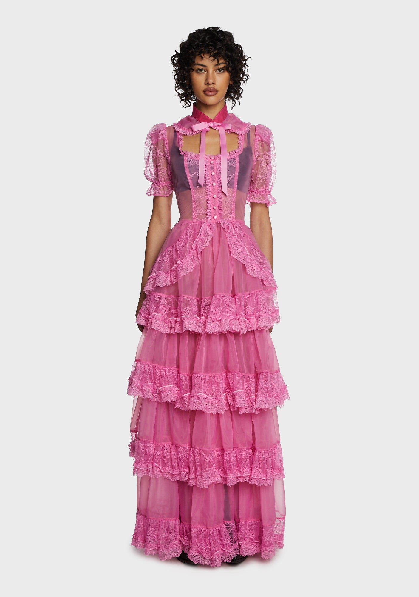 Current Mood Sheer Lace Layered Ruffle Organza Maxi Dress- Pink