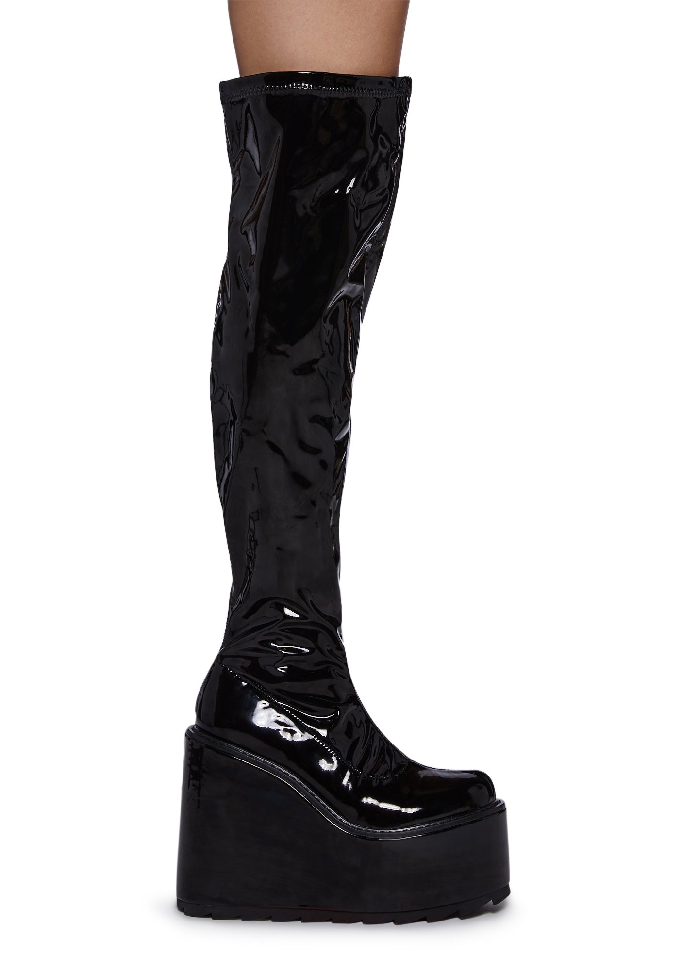 Y.R.U. Patent Thigh High Wedge Platform Boots - Black