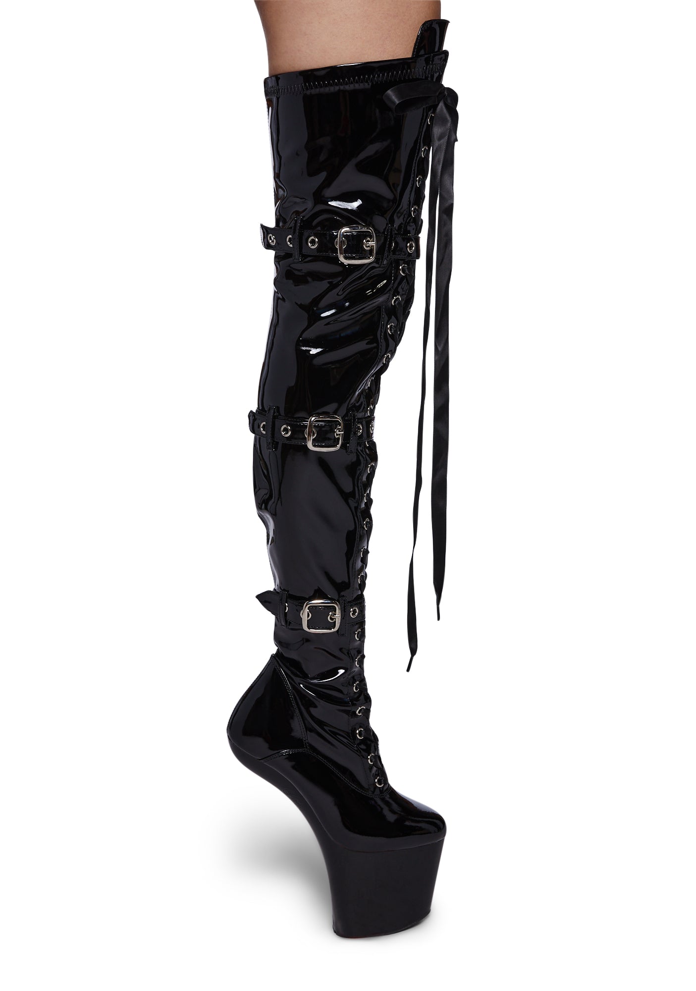 Pleaser Heelless Thigh High Platform Buckle Boots Black Patent Dolls Kill