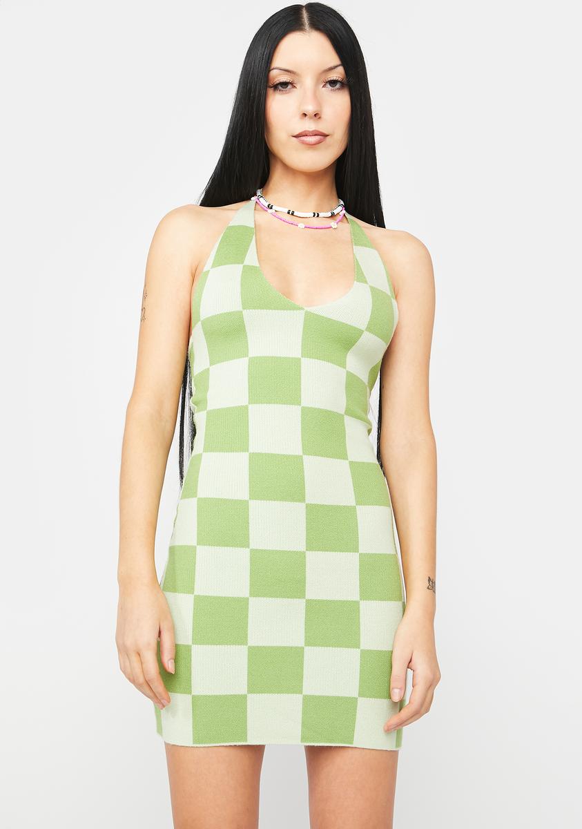 Peppermayo Knit Checkered Halter Mini Dress - Green/Lime Peppermayo Knit Checkered Halter Mini Dress - Green/Lime