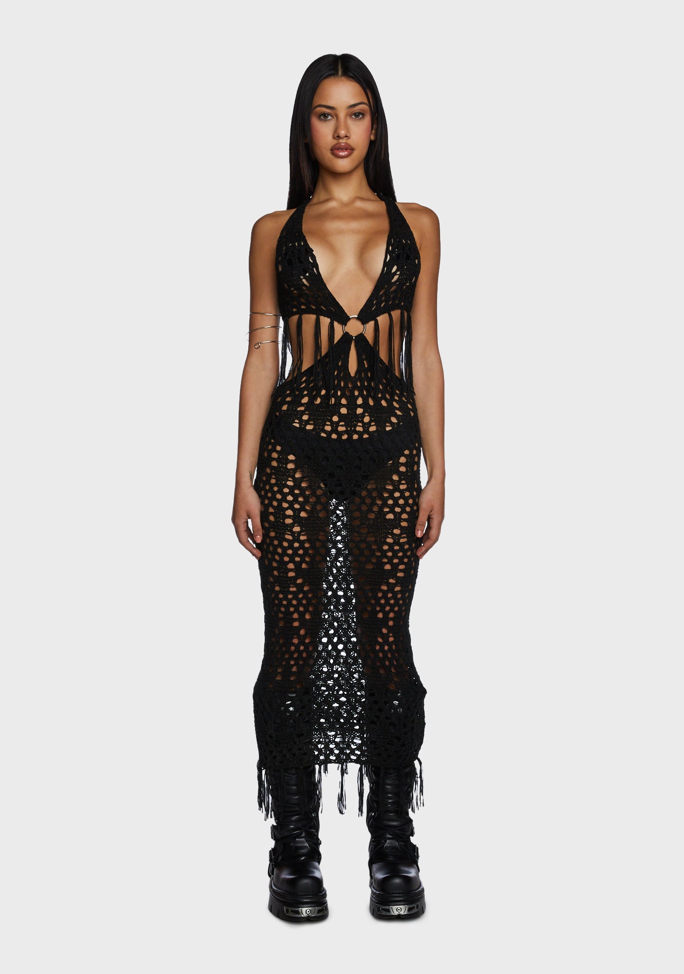 The Ragged Priest Open Knit Halter Cutout Maxi Dress - Black Dolls Kill The Ragged Priest Open Knit Halter Cutout Maxi Dress - Black Dolls Kill