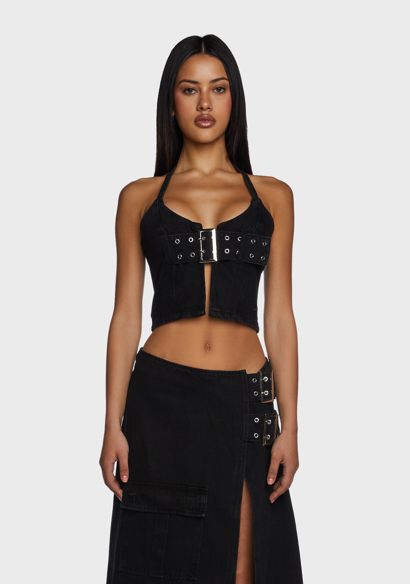 The Ragged Priest Crop Buckled Halter Tank Top - Black