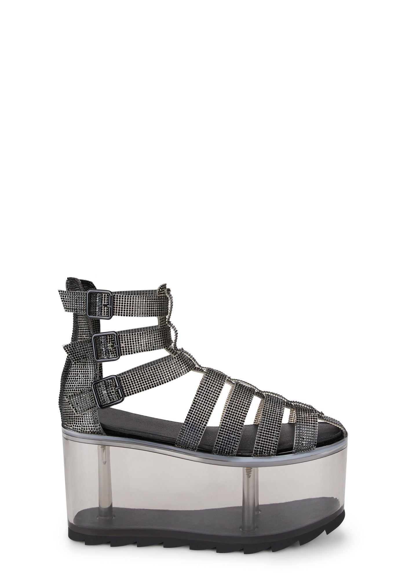 YRU Lucite Rhinestone Platform Sandals Black