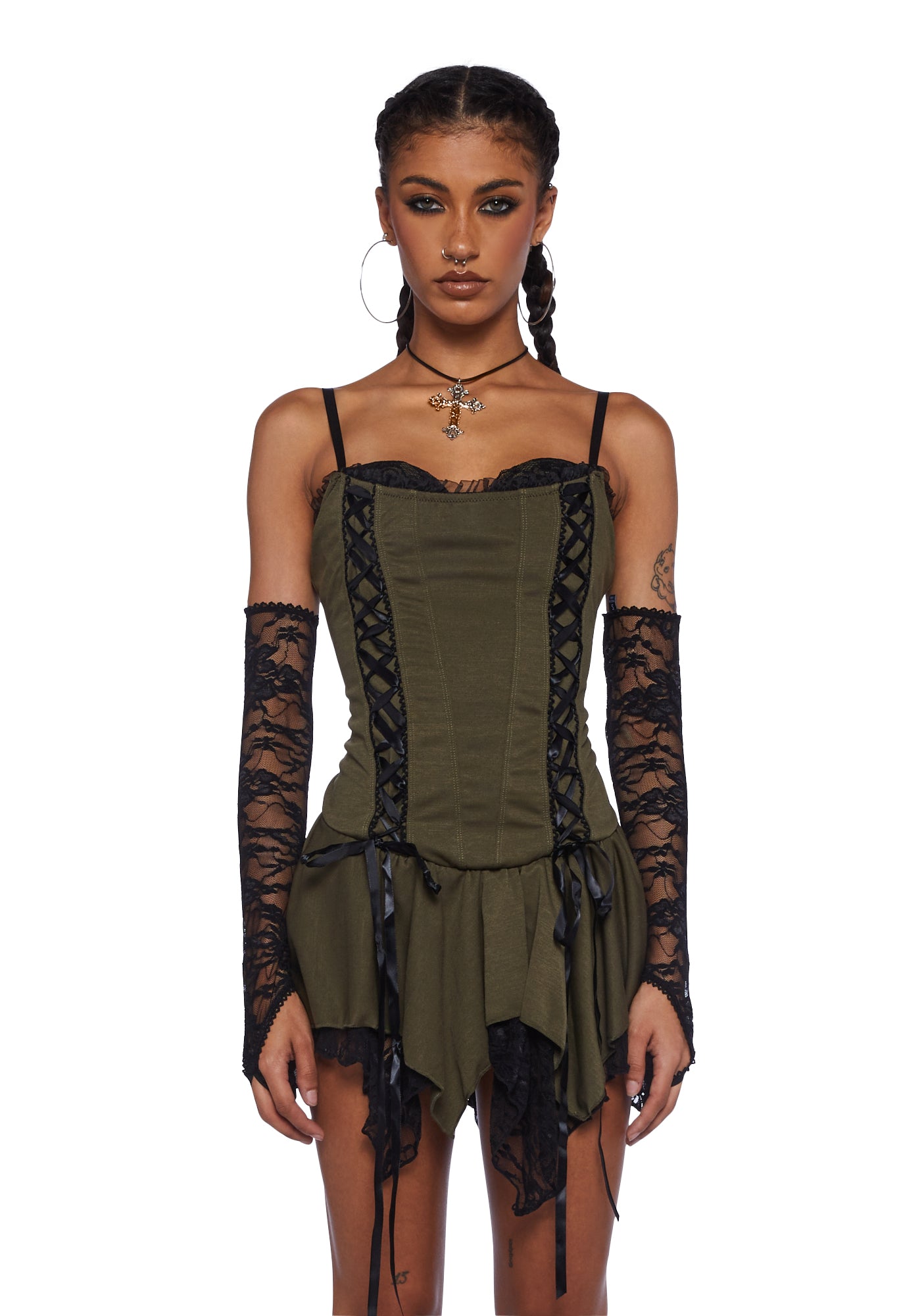 Current Mood Lace Bustier Dres With Handkerchief Hem And Gloves Green Dolls Kill