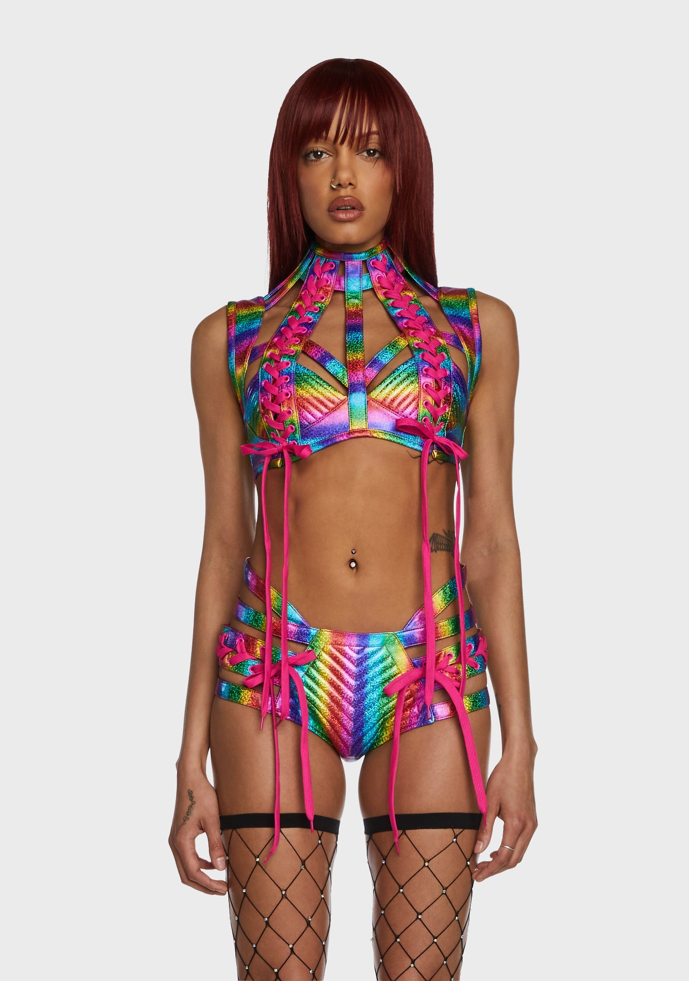 Club Exx Cut Out Lace Up Harness Bra Top - Rainbow Glitter – Dolls Kill