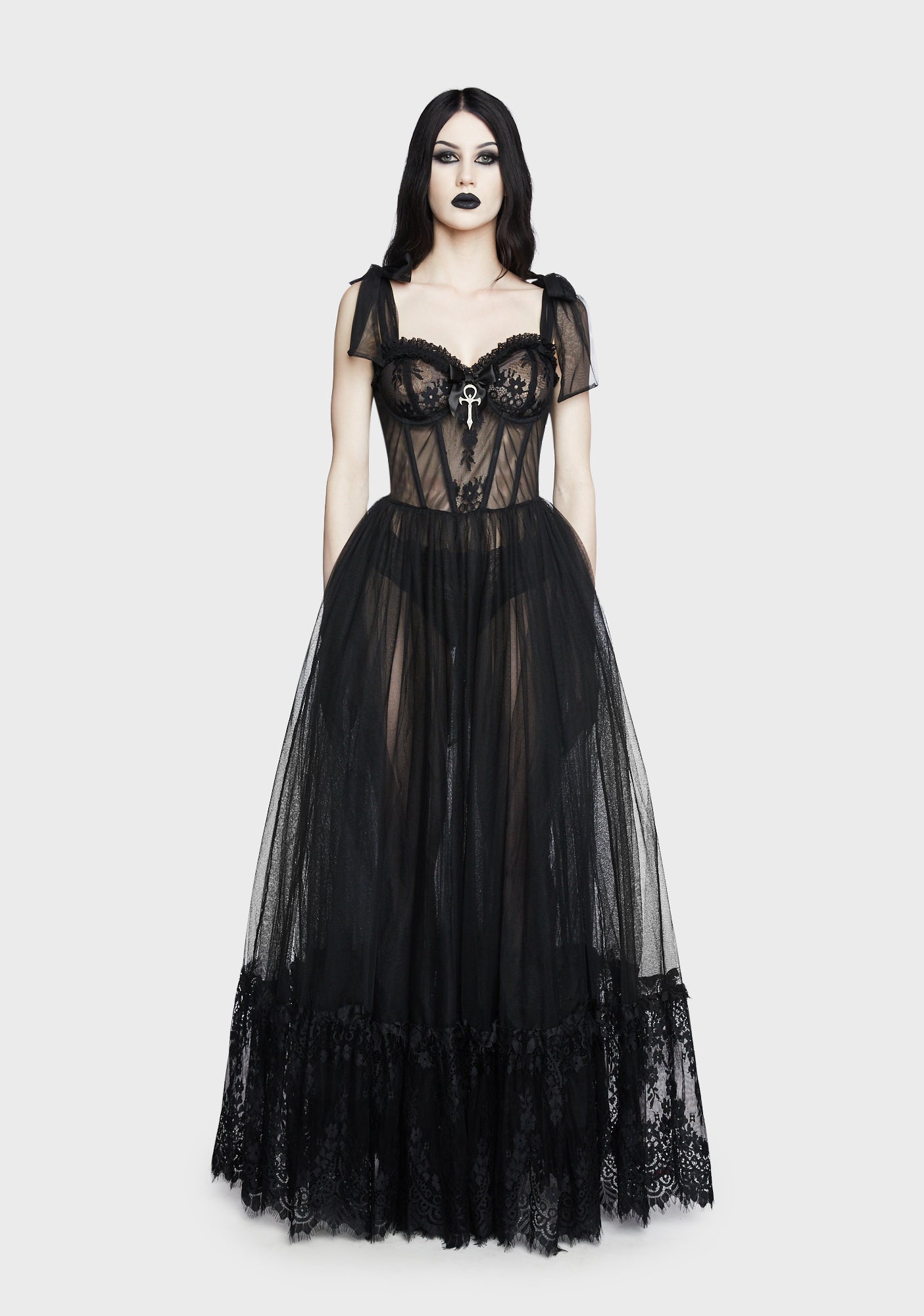 Widow Gothic Lace Bustier Sleeveless Maxi Dress - Black
