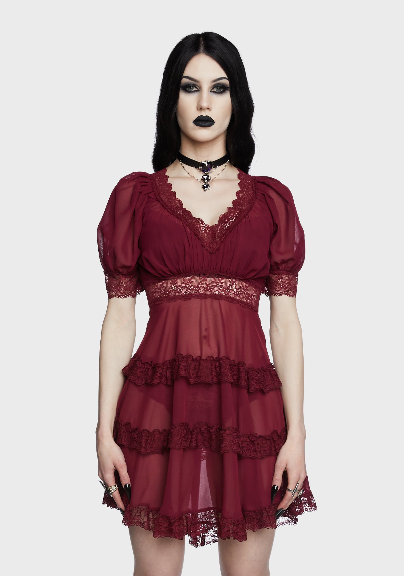 Widow Sheer Chiffon Lace Trim Mini Dress - Red