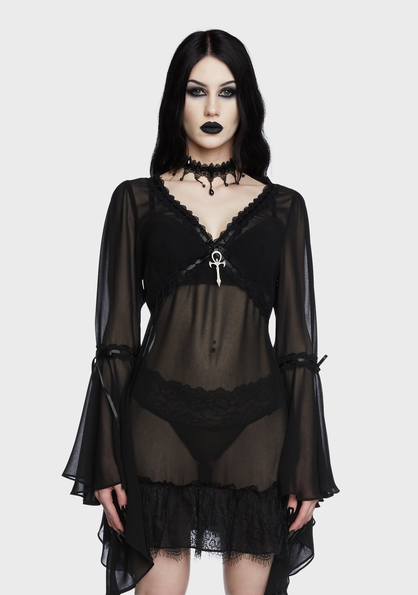 Widow Sheer Chiffon Lace Trim Mini Dress - Black