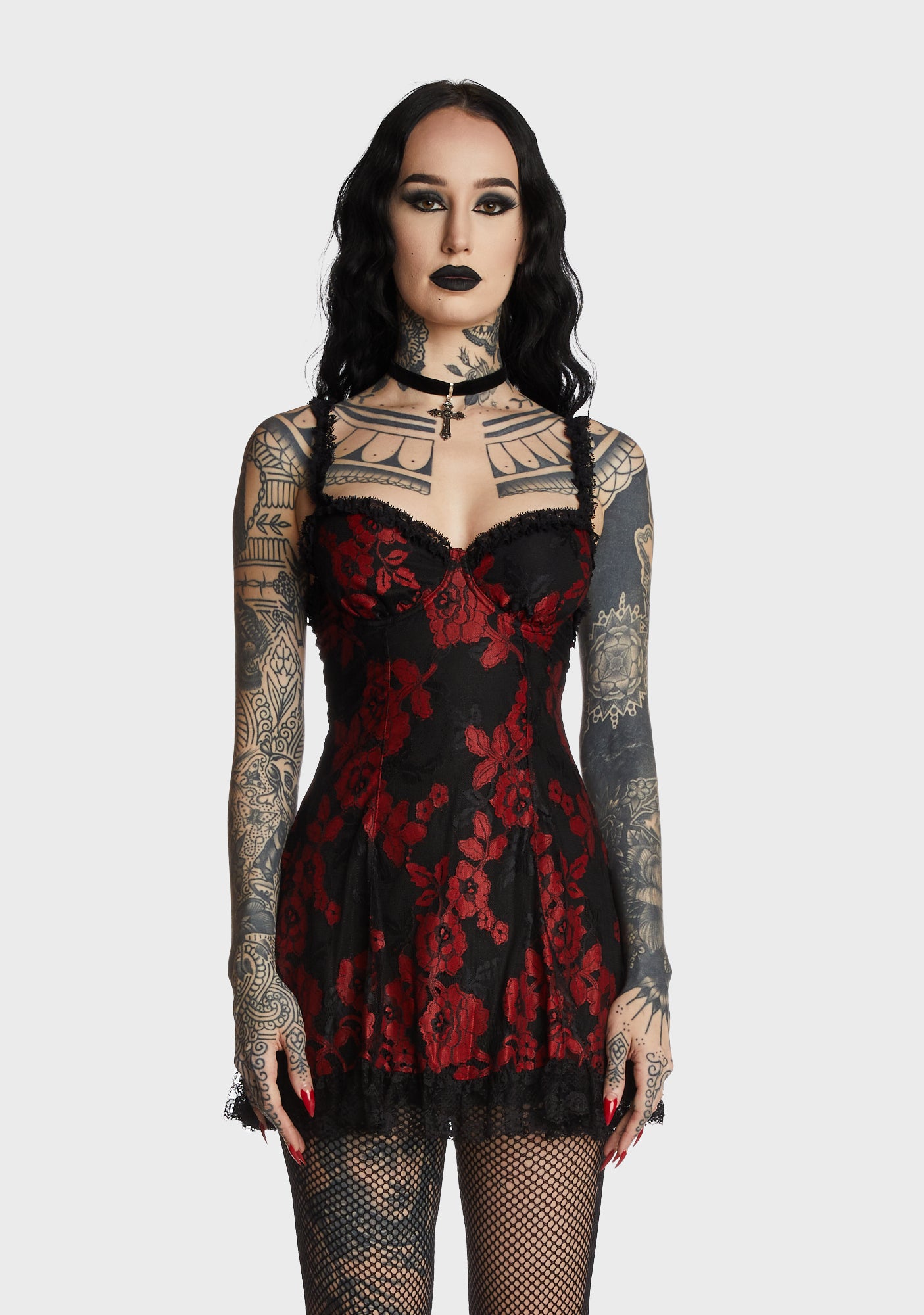 Widow Rose Print Brocade Mini Dress -Black/Red – Dolls Kill