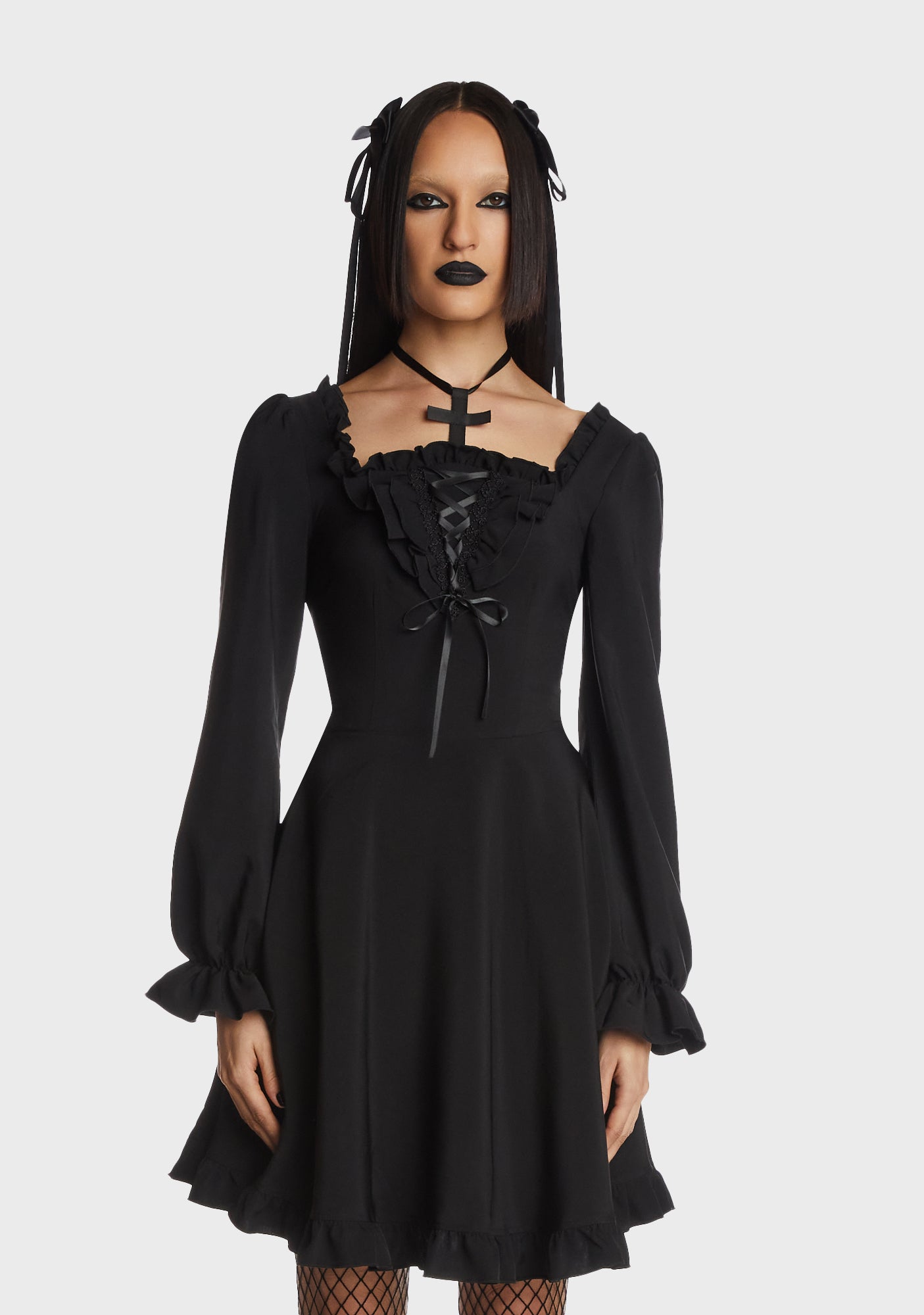 Dark In Love Ruffle Trim Cross Choker Mini Dress - Black Dolls Kill Dark In Love Ruffle Trim Cross Choker Mini Dress - Black Dolls Kill