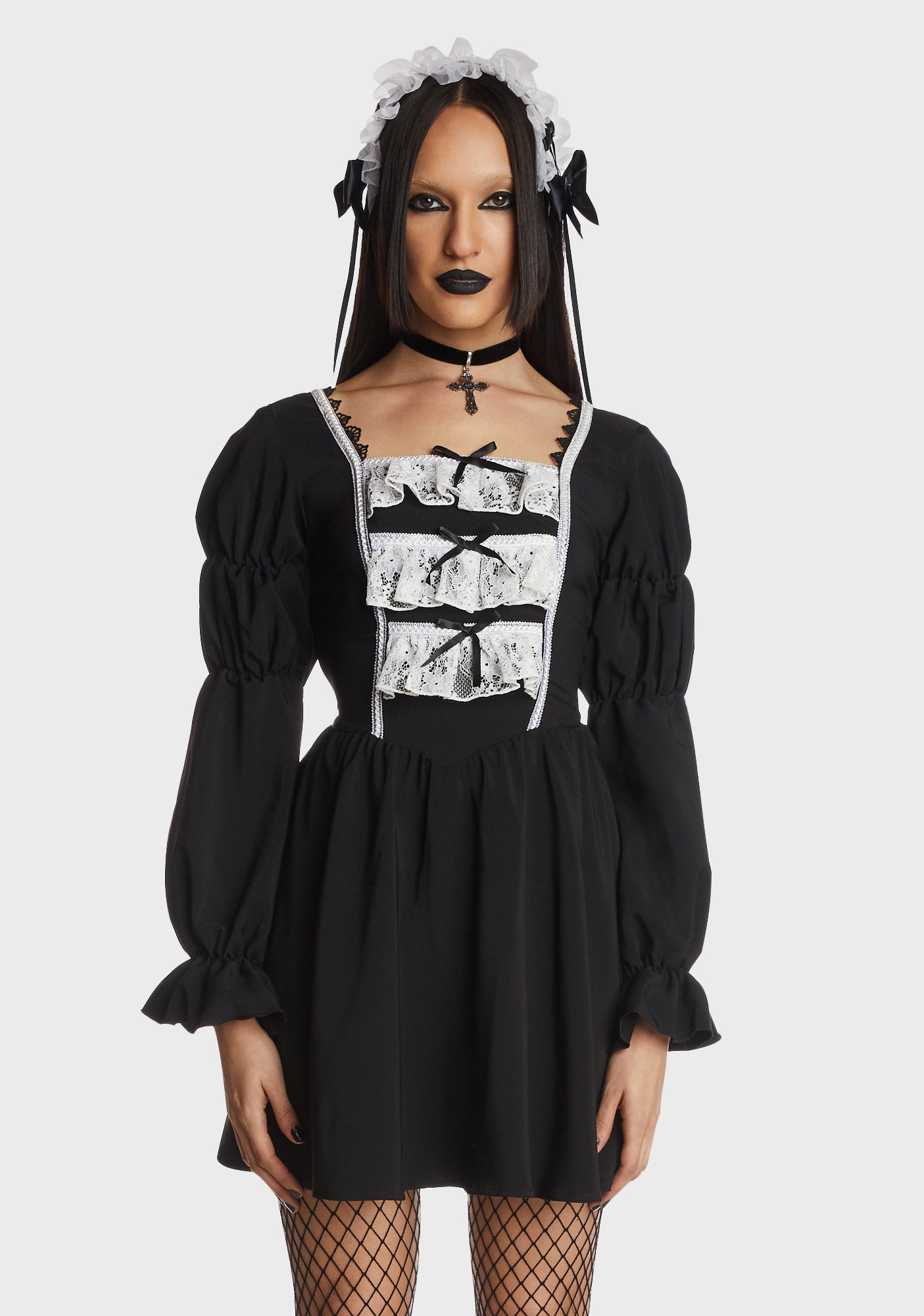 Dark In Love Lace Trim Babydoll Mini Dress - Black/White