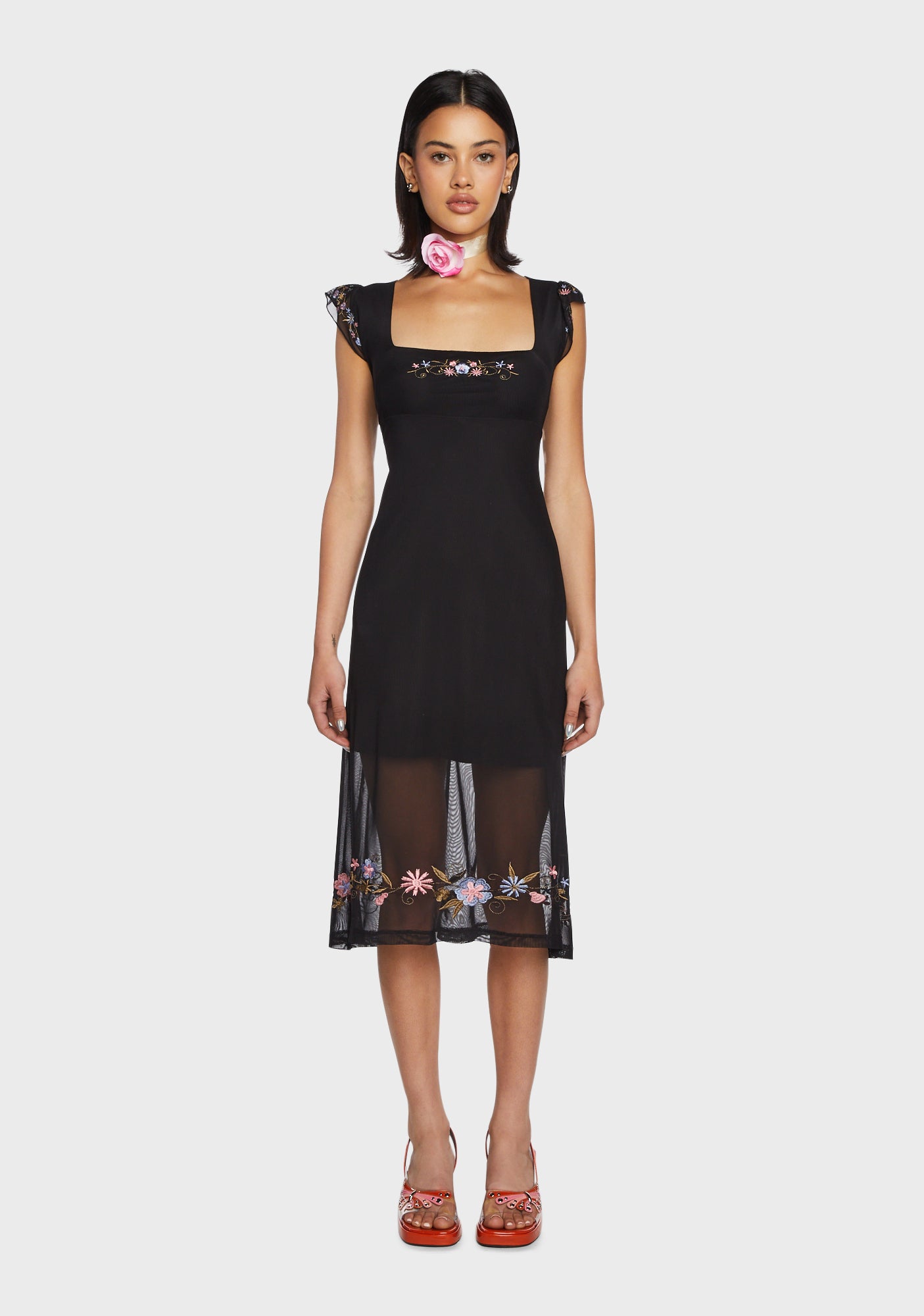 Delia s Mesh Floral Embroidered Midi Dress Black