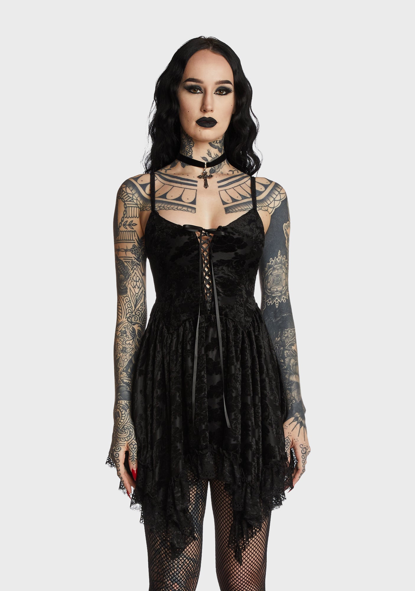 Widow Floral Velvet Lace Up Mini Dress - Black
