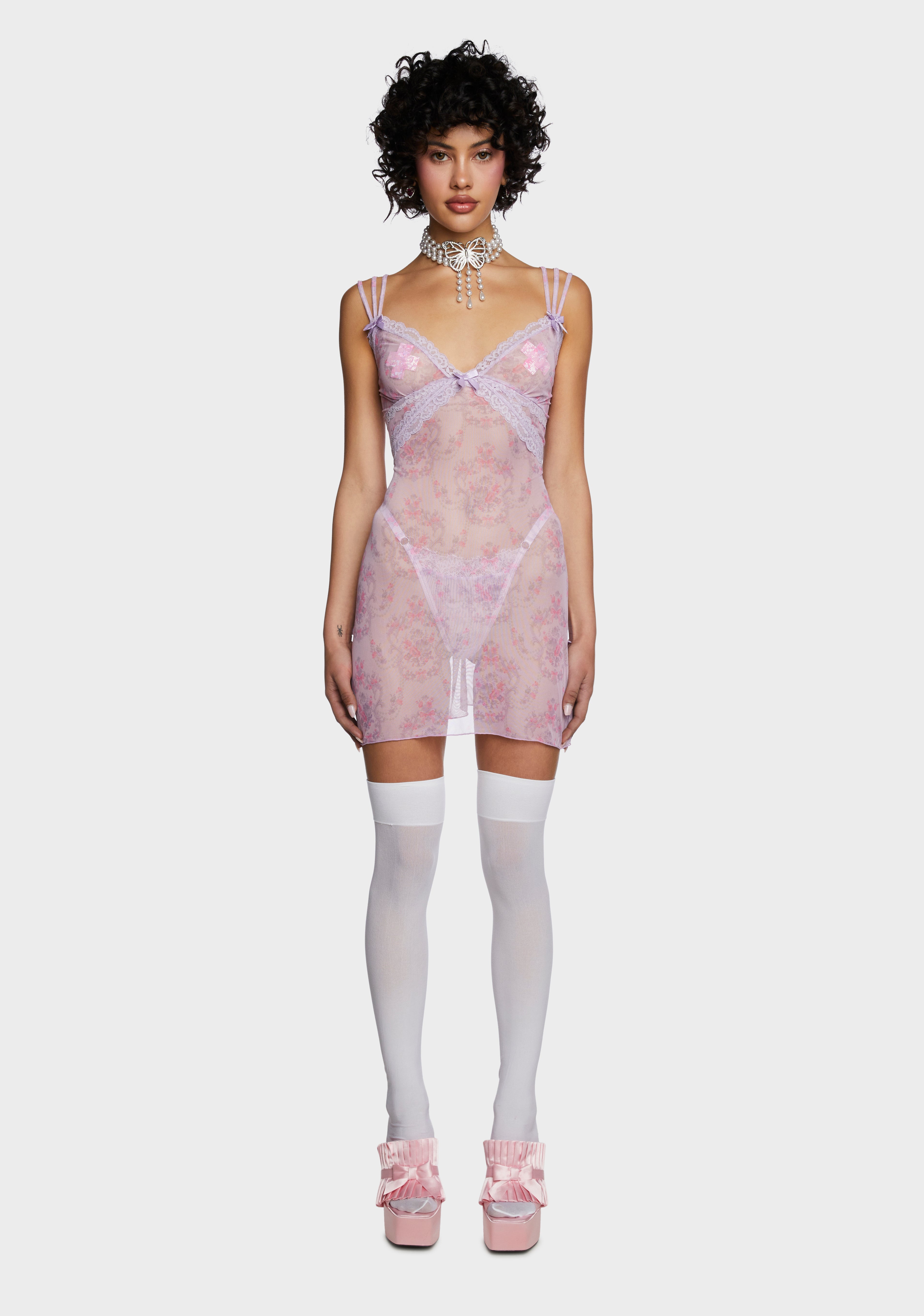 Sugar Thrillz Sheer Baroque Print Slip Dress - Purple