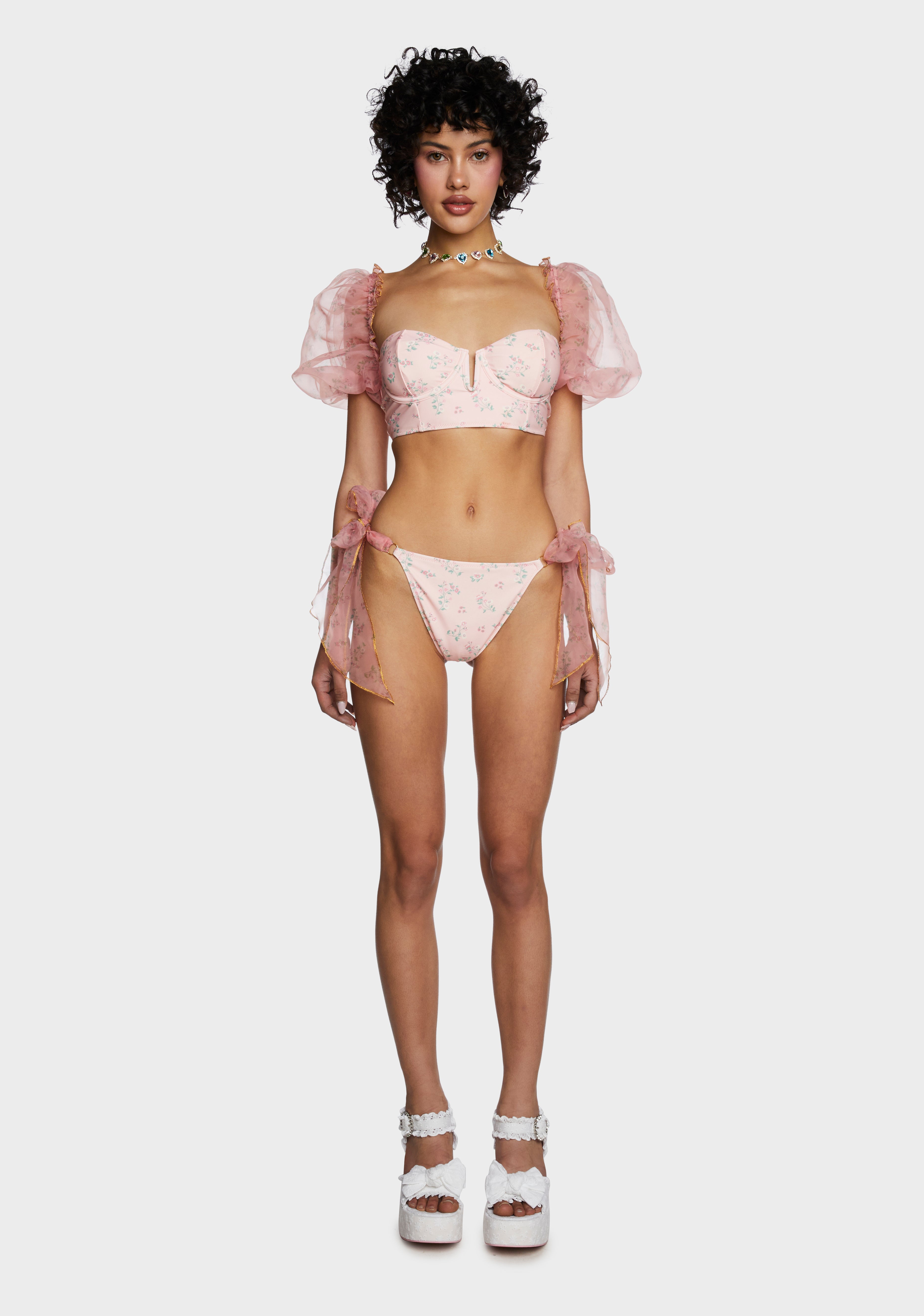 Sugar Thrillz Floral Print Puff Sleeve Bikini Set - Pink – Dolls Kill