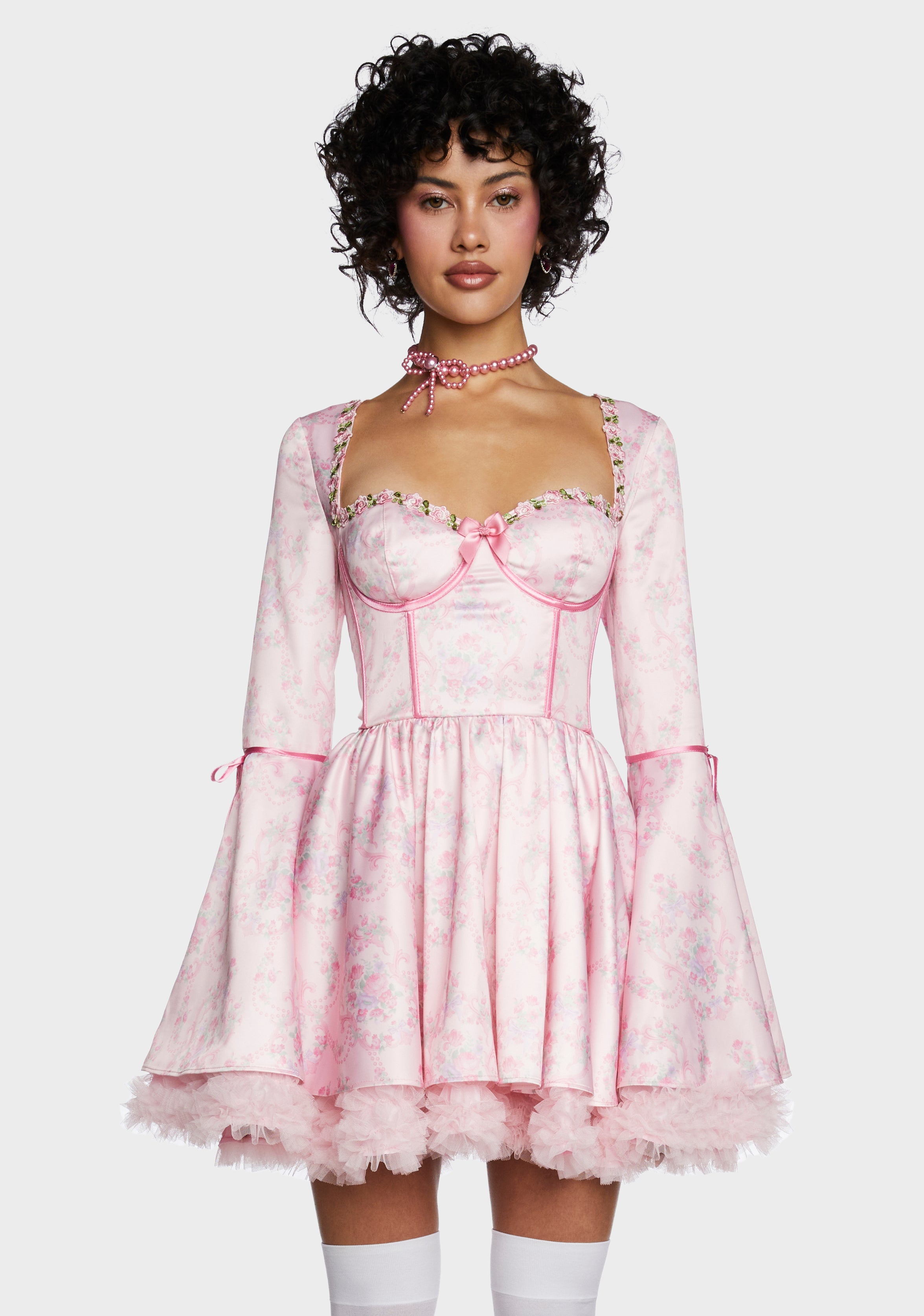 Sugar Thrillz Floral Print Satin Bell Sleeve Mini Dress - Pink