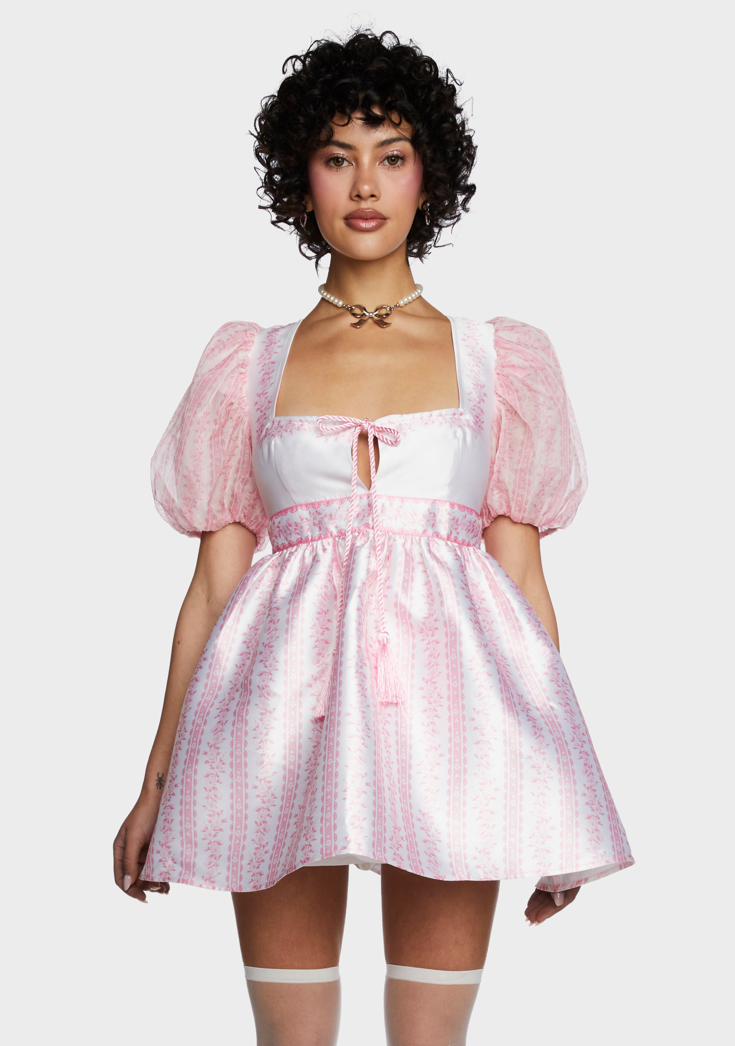 Sugar Thrillz Striped Floral Print Puff Sleeve Mini Dress - Pink