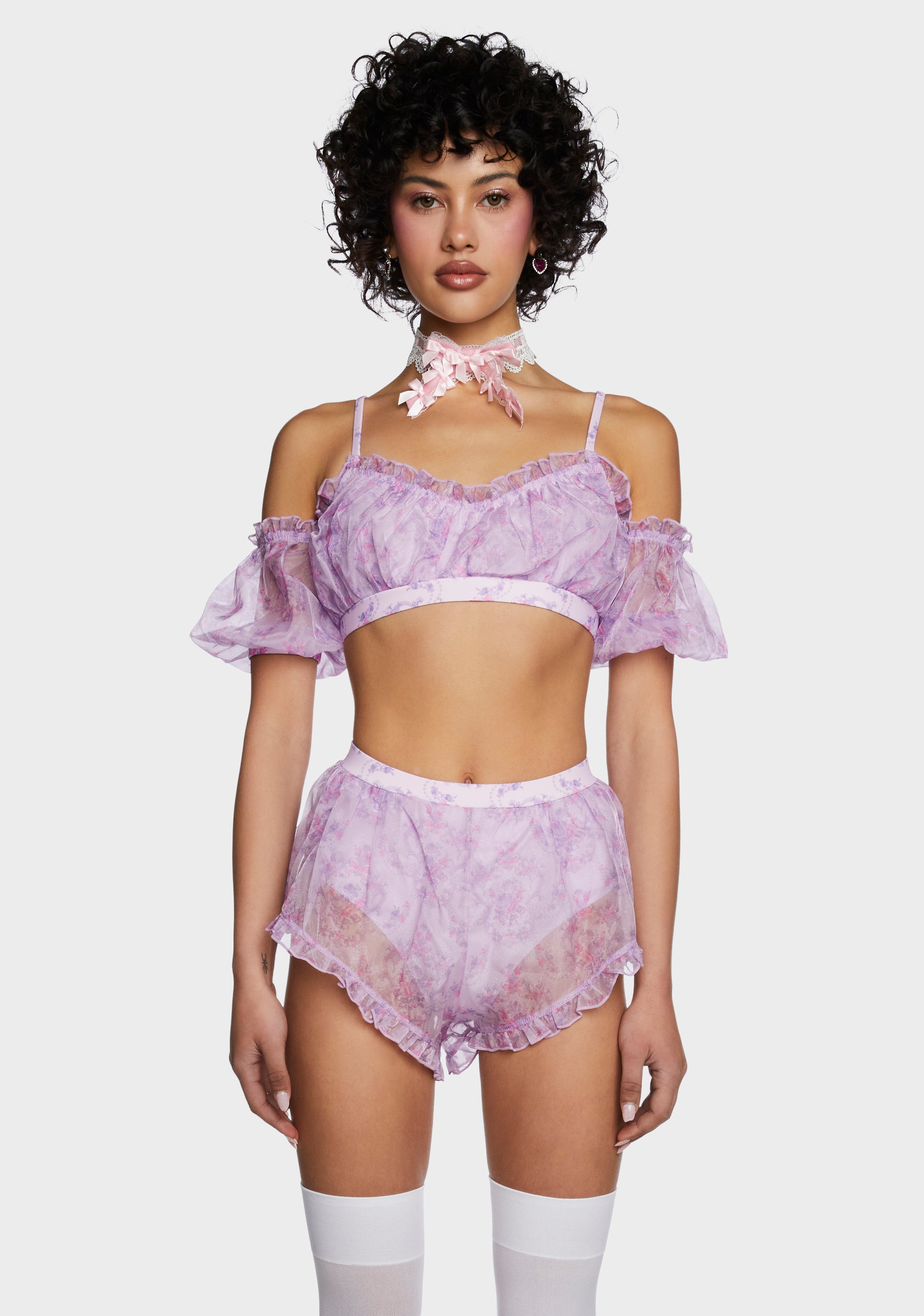 Sugar Thrillz Floral Print Tulle Bikini Set - Purple