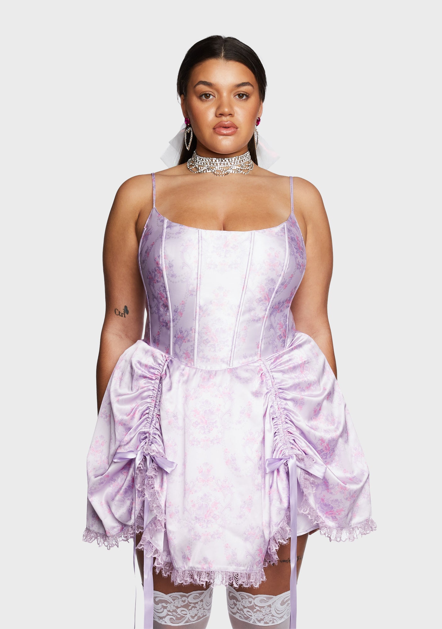 Plus Size Sugar Thrillz Floral Print Satin Tie Mini Dress - Purple Dolls Kill Plus Size Sugar Thrillz Floral Print Satin Tie Mini Dress - Purple Dolls Kill