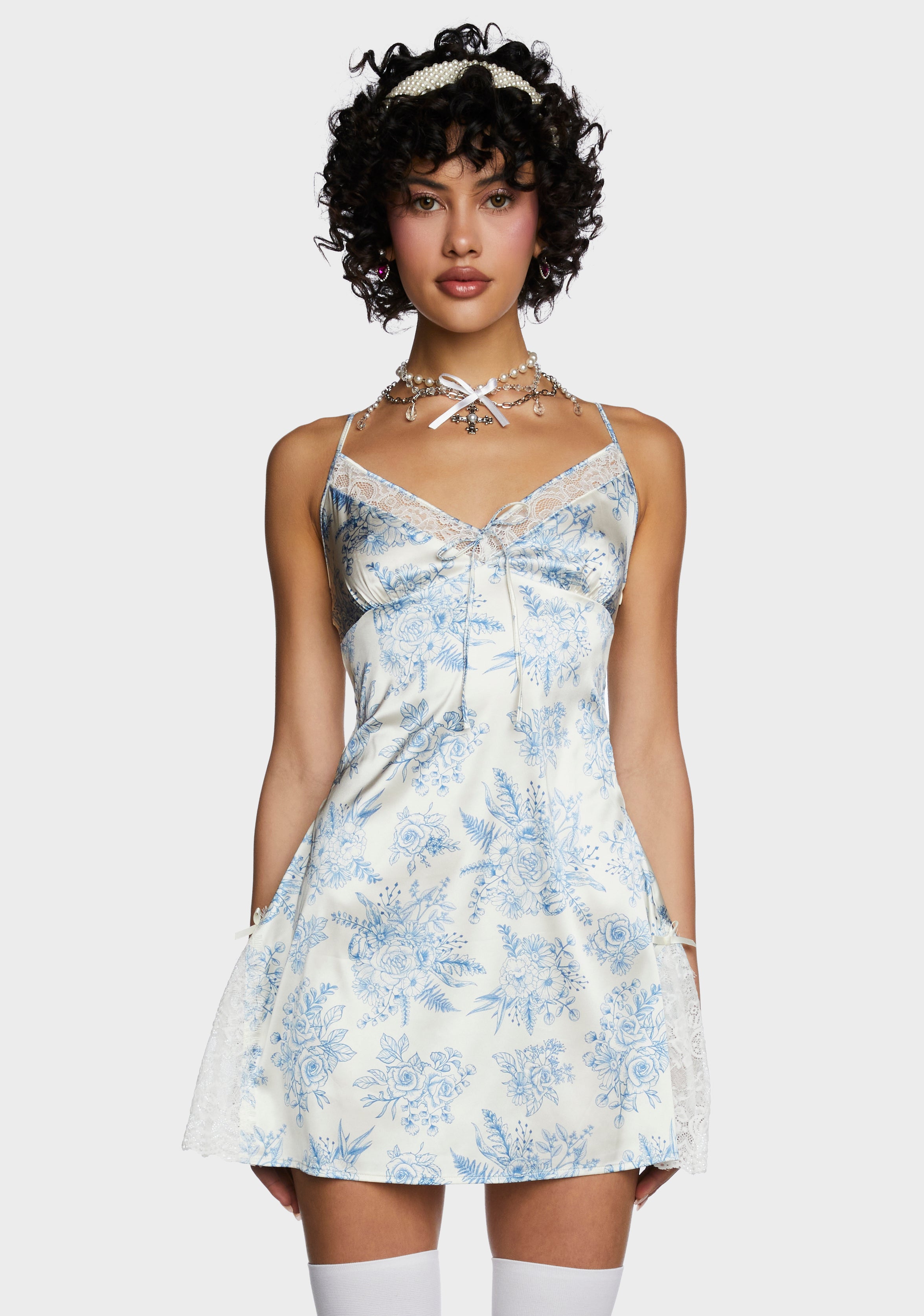 Sugar Thrillz Floral Print Satin Mini Slip Dress - White/Blue
