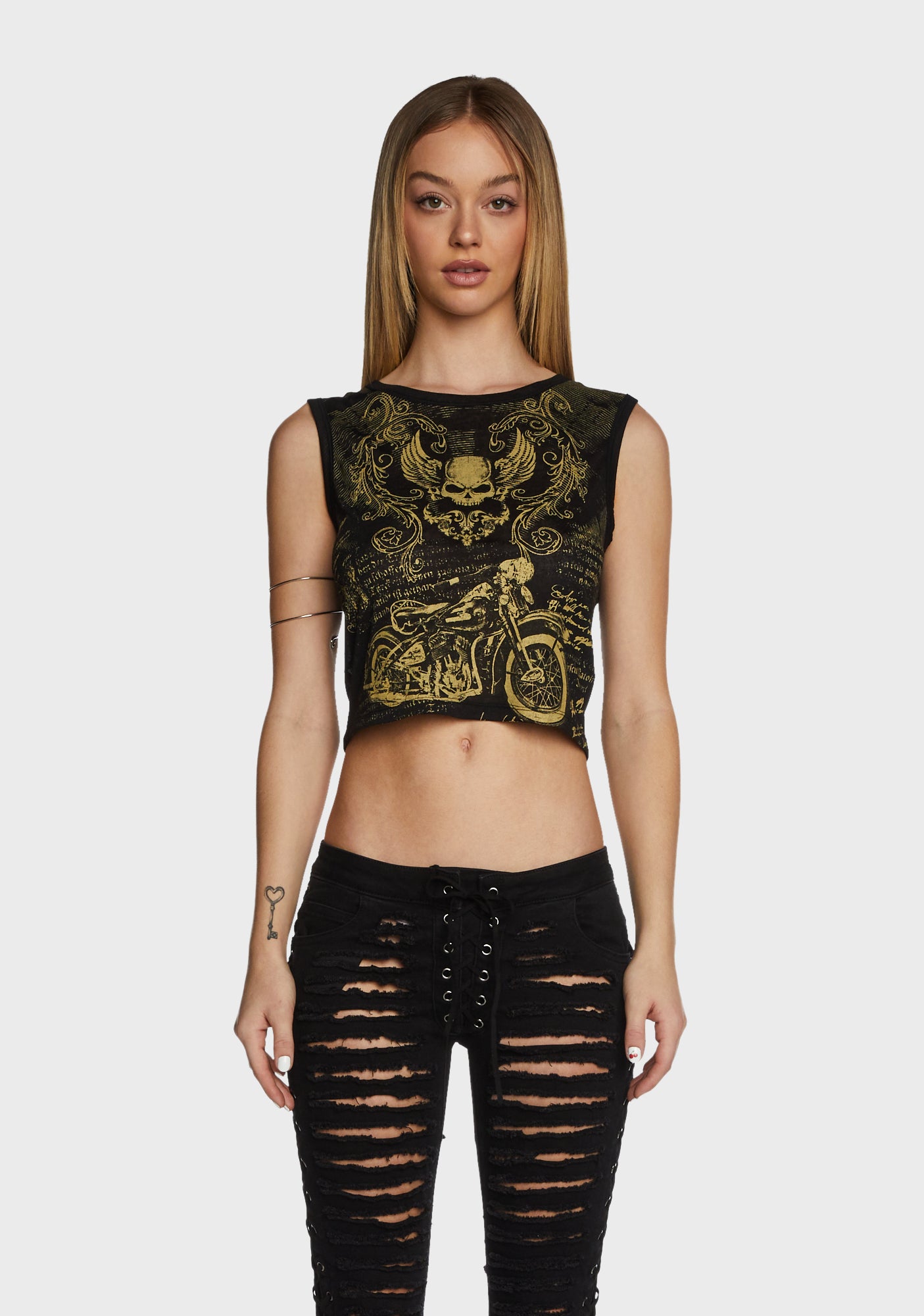 Current Mood Skull Motorcycle Graphic Crop Tank Top - Black