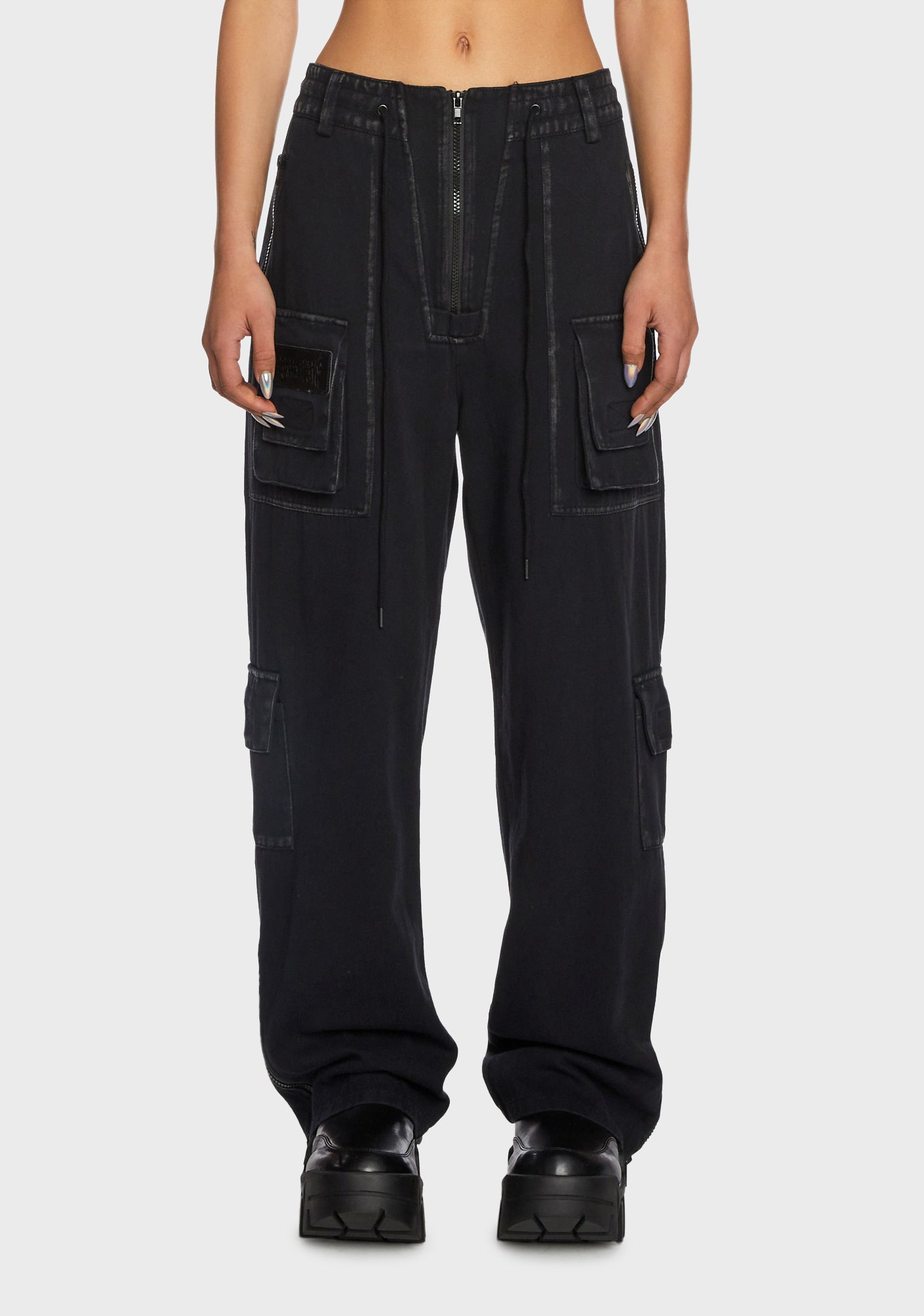 Darker Wavs Unisex Stone Wash Patch Pocket Cargo Pants Black