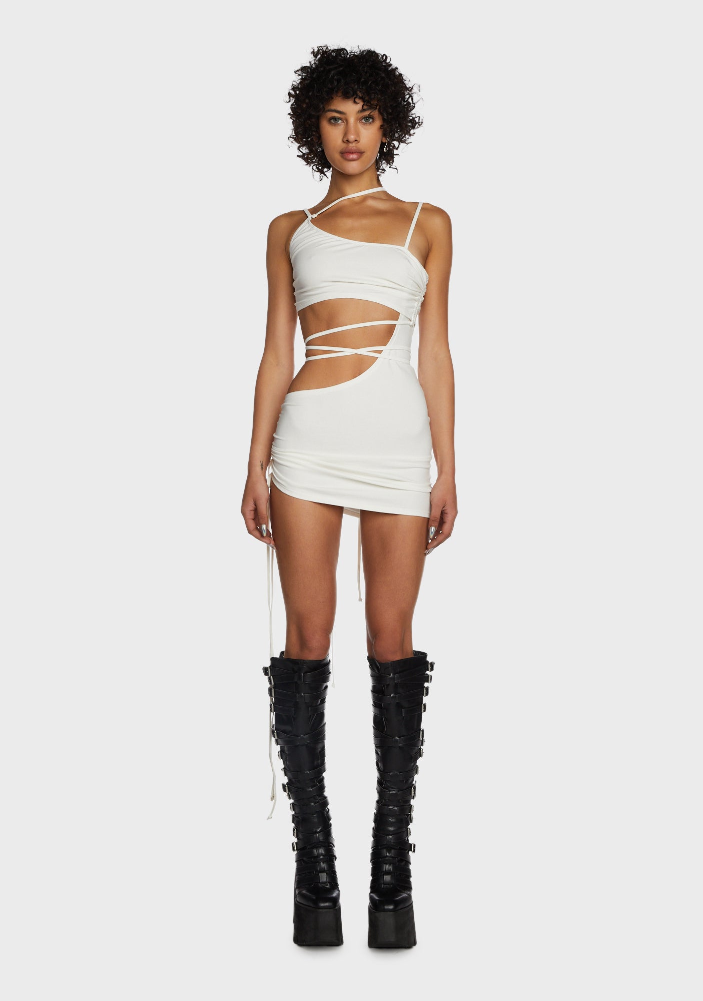 darker waves white dress christmas dresses Cut Out Strappy Mini Split to skirt Darker Wavs Strappy Cut Out