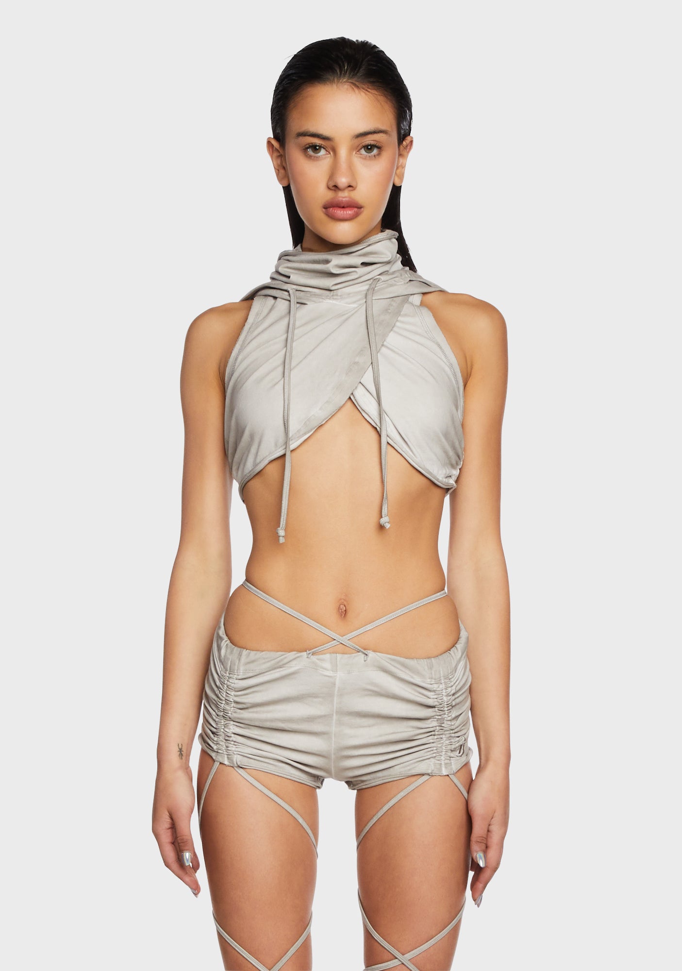 Darker Wavs Hooded Criss Cross Front Crop Top - Off White