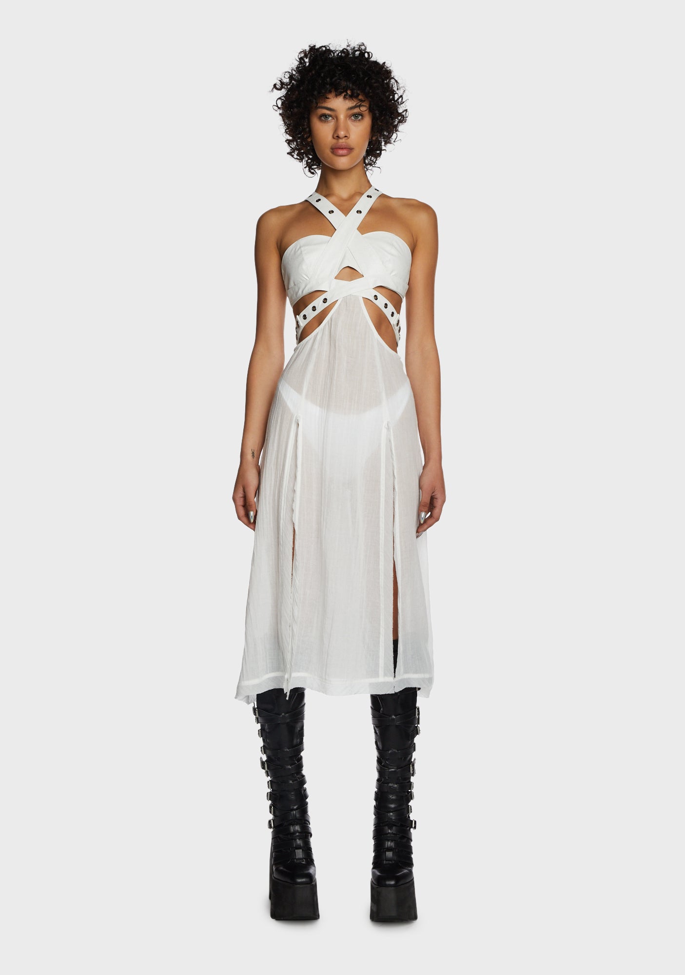 Darker Wavs Vegan Leather Gauze Slit Corset Midi Dress - White Darker Wavs Vegan Leather Gauze Slit Corset Midi Dress - White