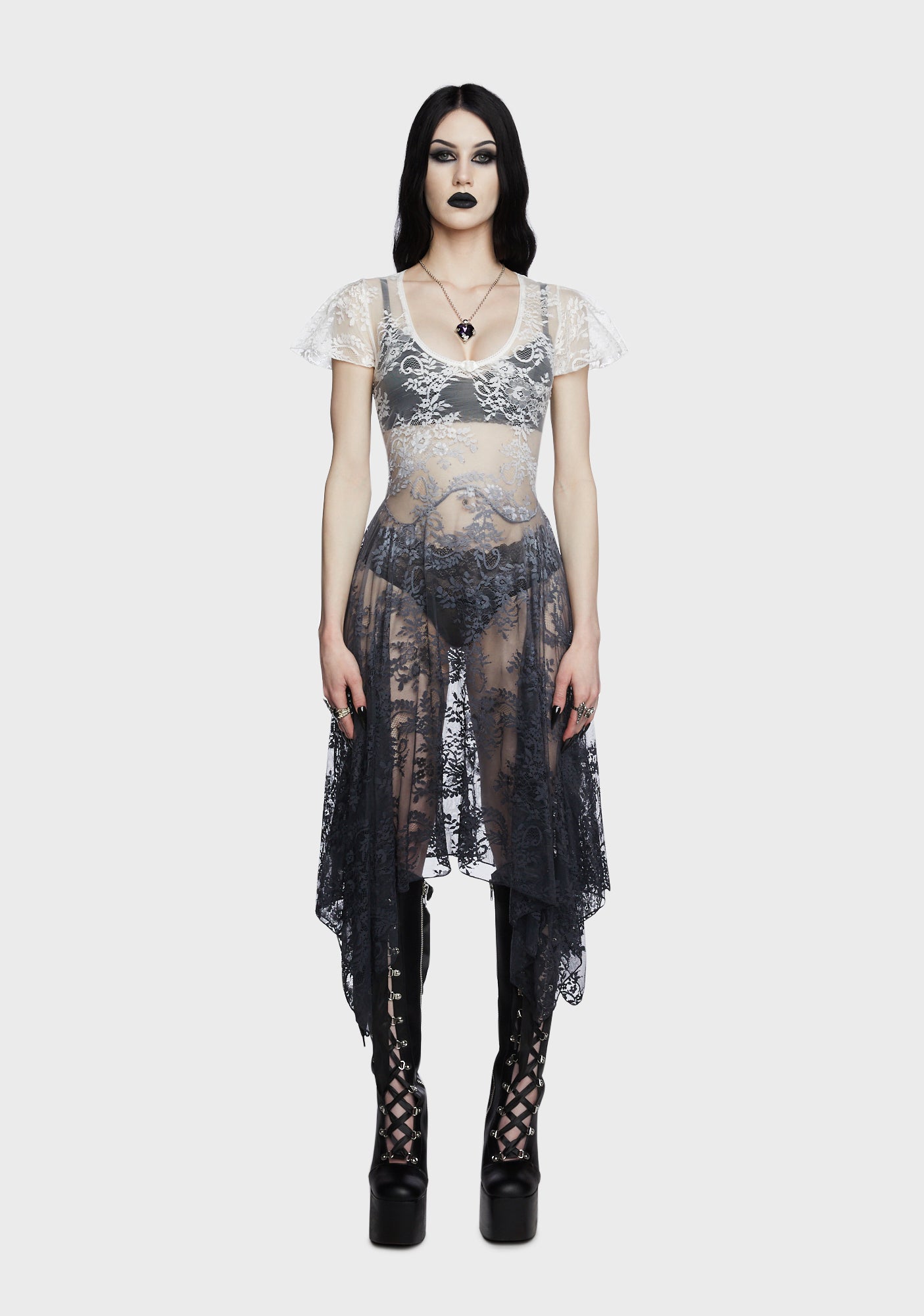 Widow Handkerchief Hem Lace Midi Dress - Ombre Dip Dye