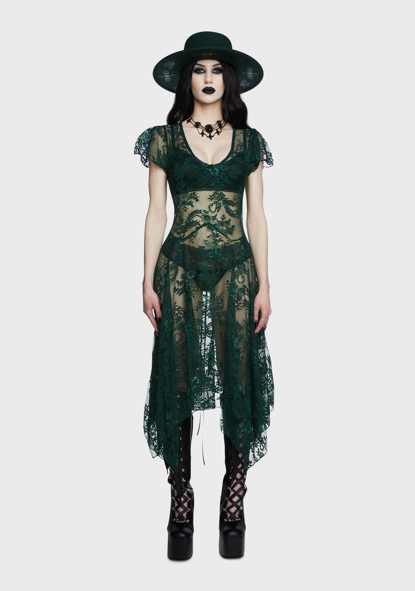 Widow Handkerchief Hem Lace Midi Dress - Green