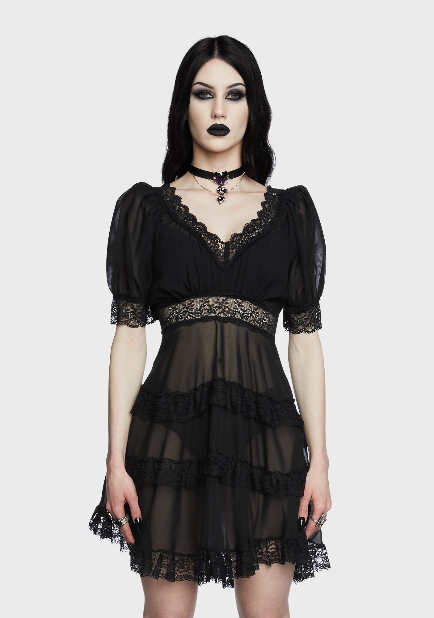 Widow Sheer Chiffon Lace Trim Mini Dress - Black