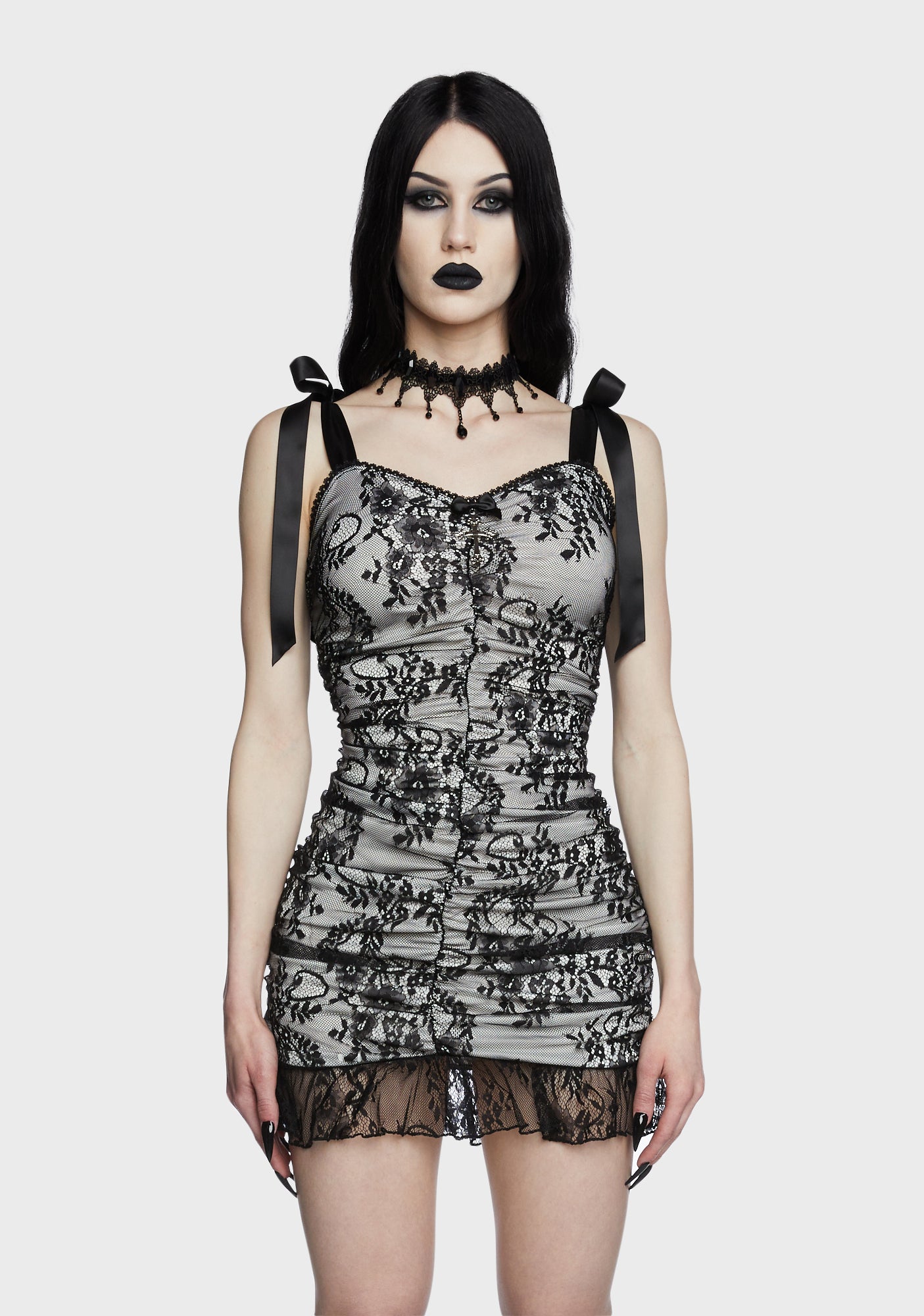 Widow Ruched Lace Overlay Mini Dress - Ivory Dolls Kill Widow Ruched Lace Overlay Mini Dress - Ivory Dolls Kill