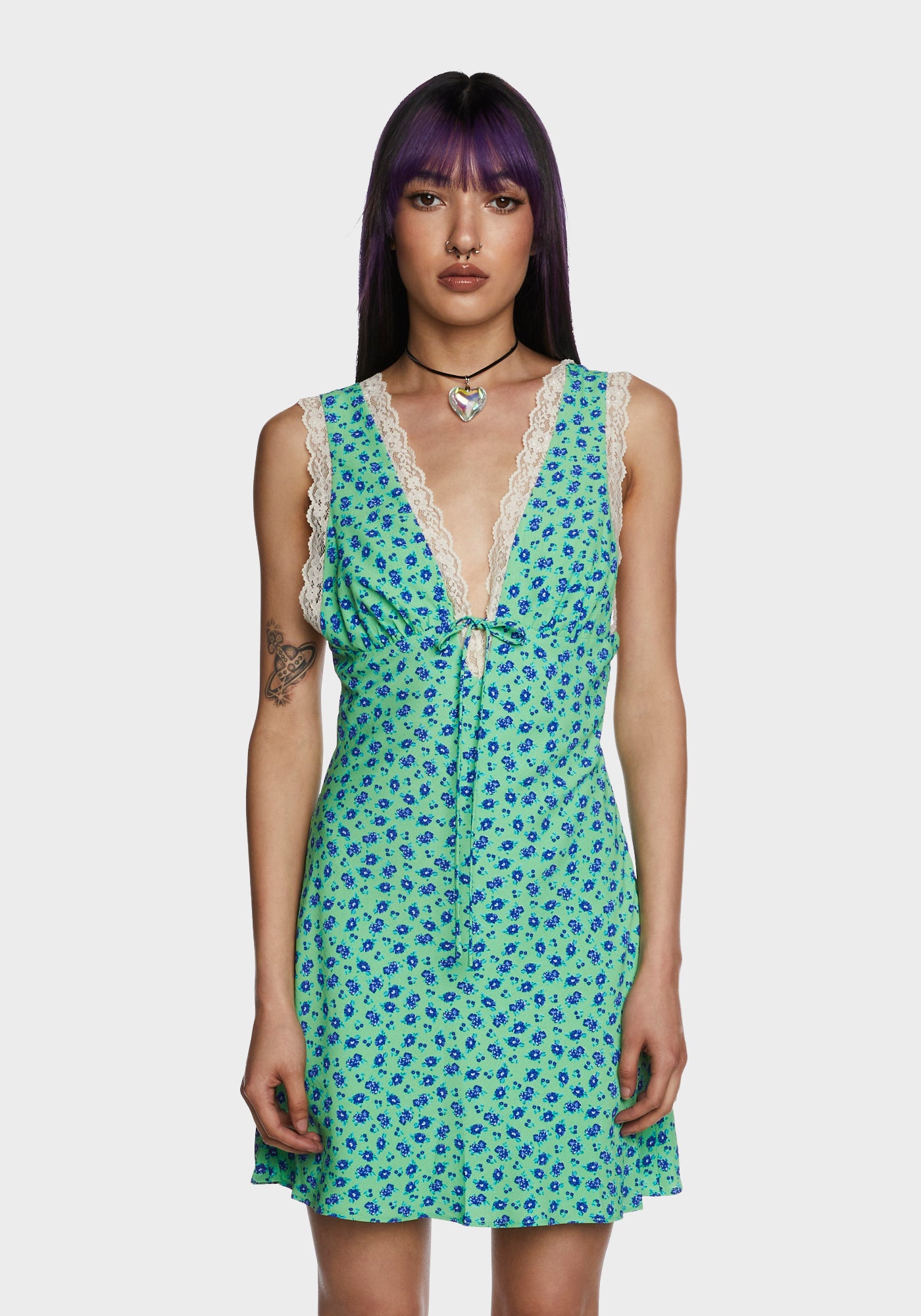 Floral Print Mini Dress - Green Floral Print Mini Dress - Green