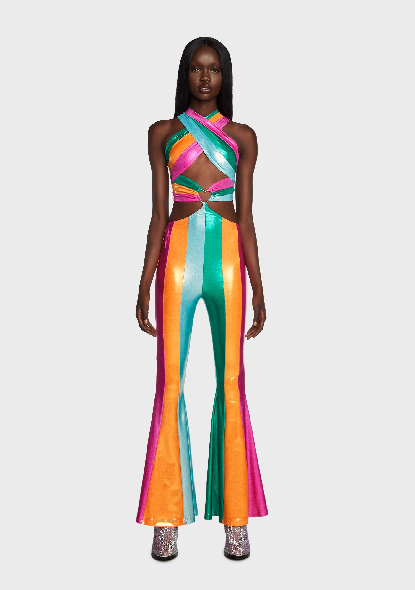 EASY TIGER Metallic Striped Flared Jumpsuit Multi Dolls Kill