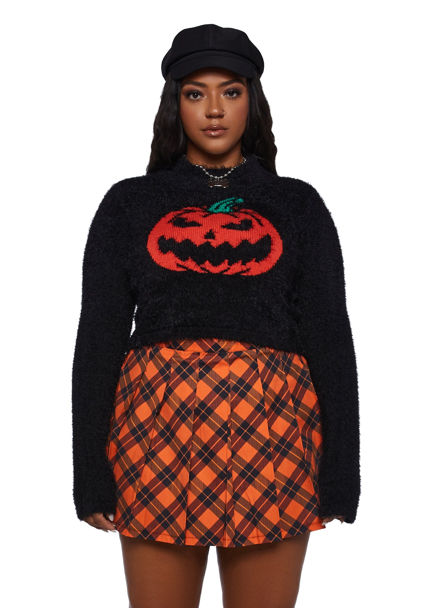 Plus Size Trickz N Treatz Fuzzy Pumpkin Crop Sweater Black