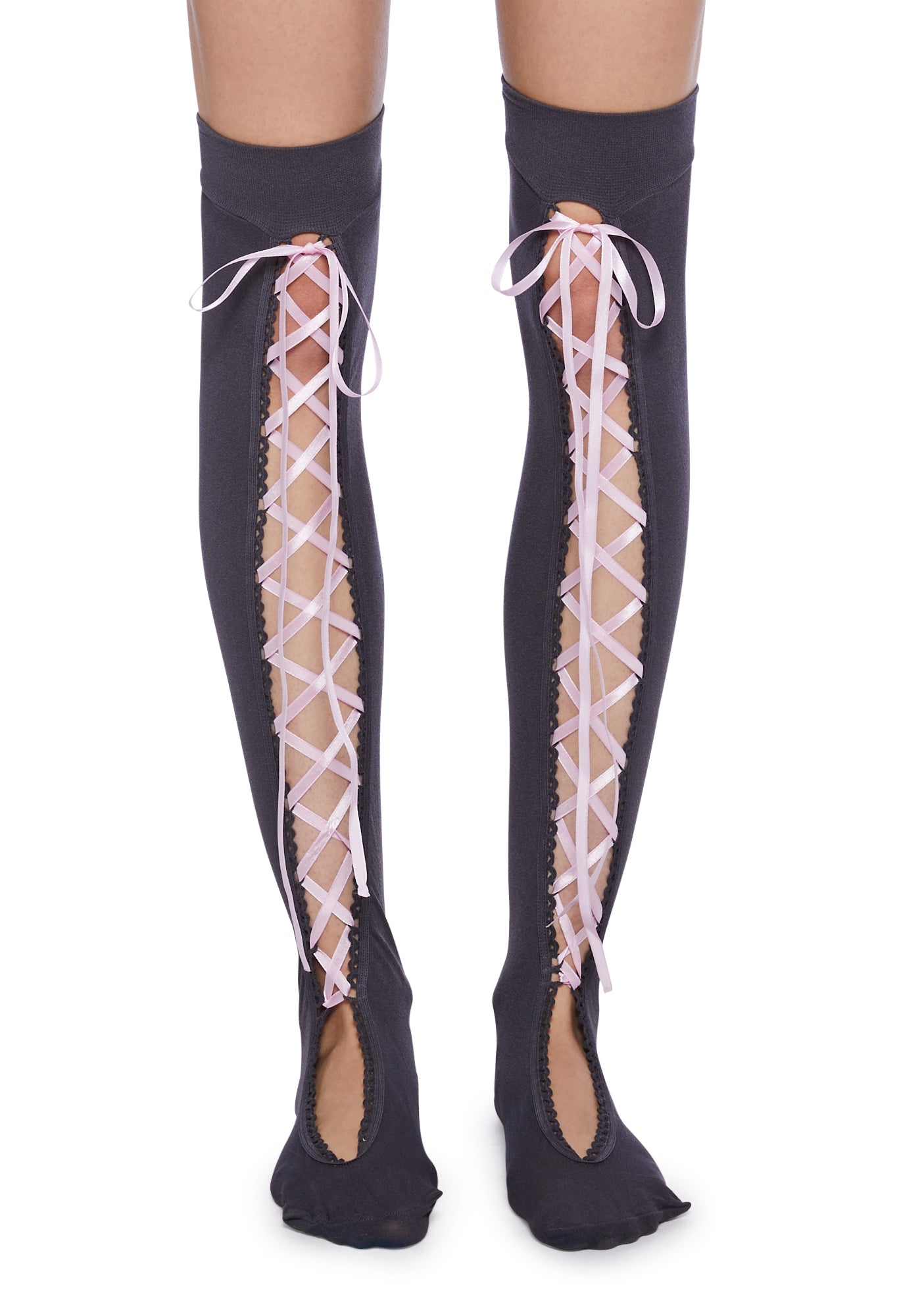 Ribbon Thigh High Socks Grey Dolls Kill
