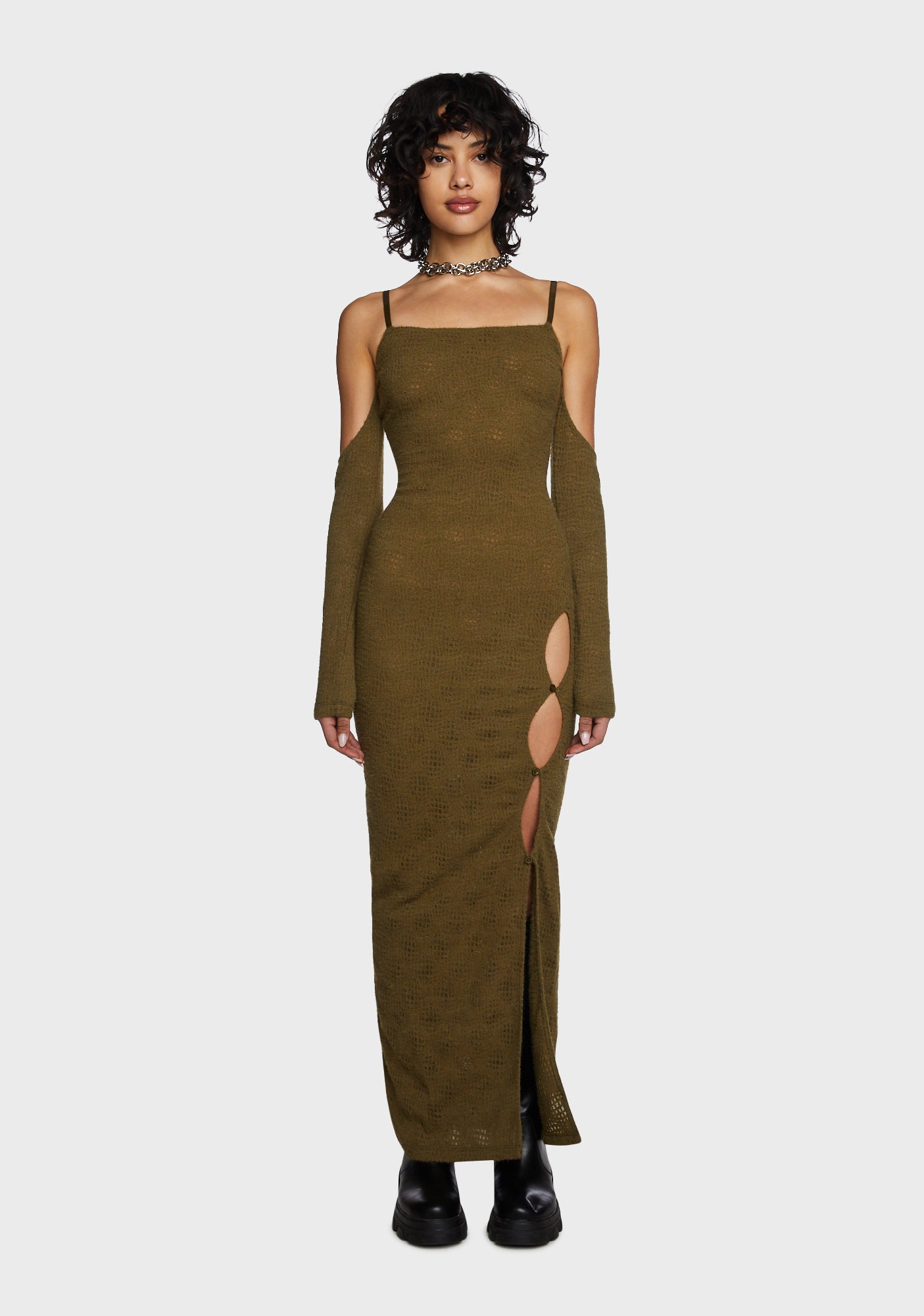 Poster Grl Cold Shoulder Cut Out Knit Maxi Dress - Dark Green