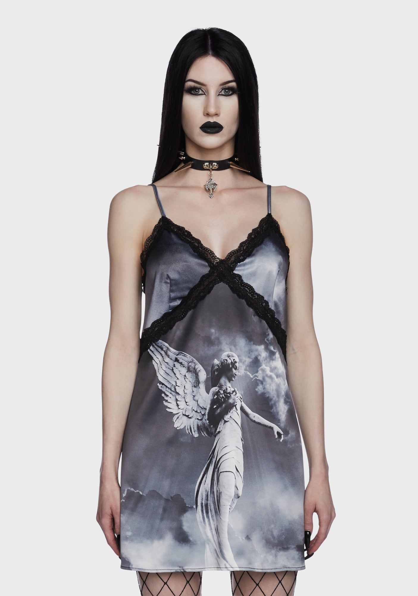 Widow Angel Print Satin Slip Dress- Black