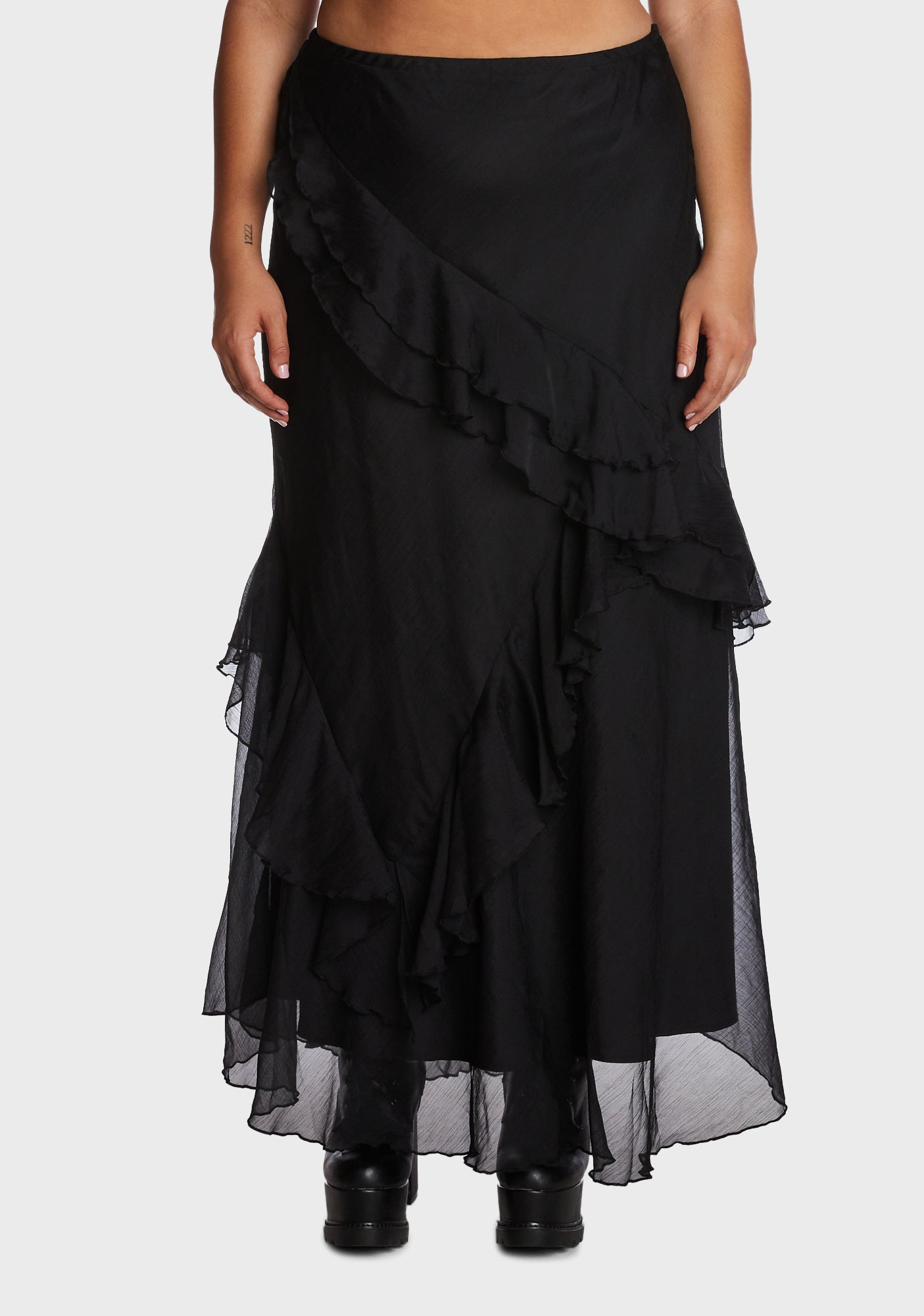 Black asymmetrical clearance chiffon maxi skirt