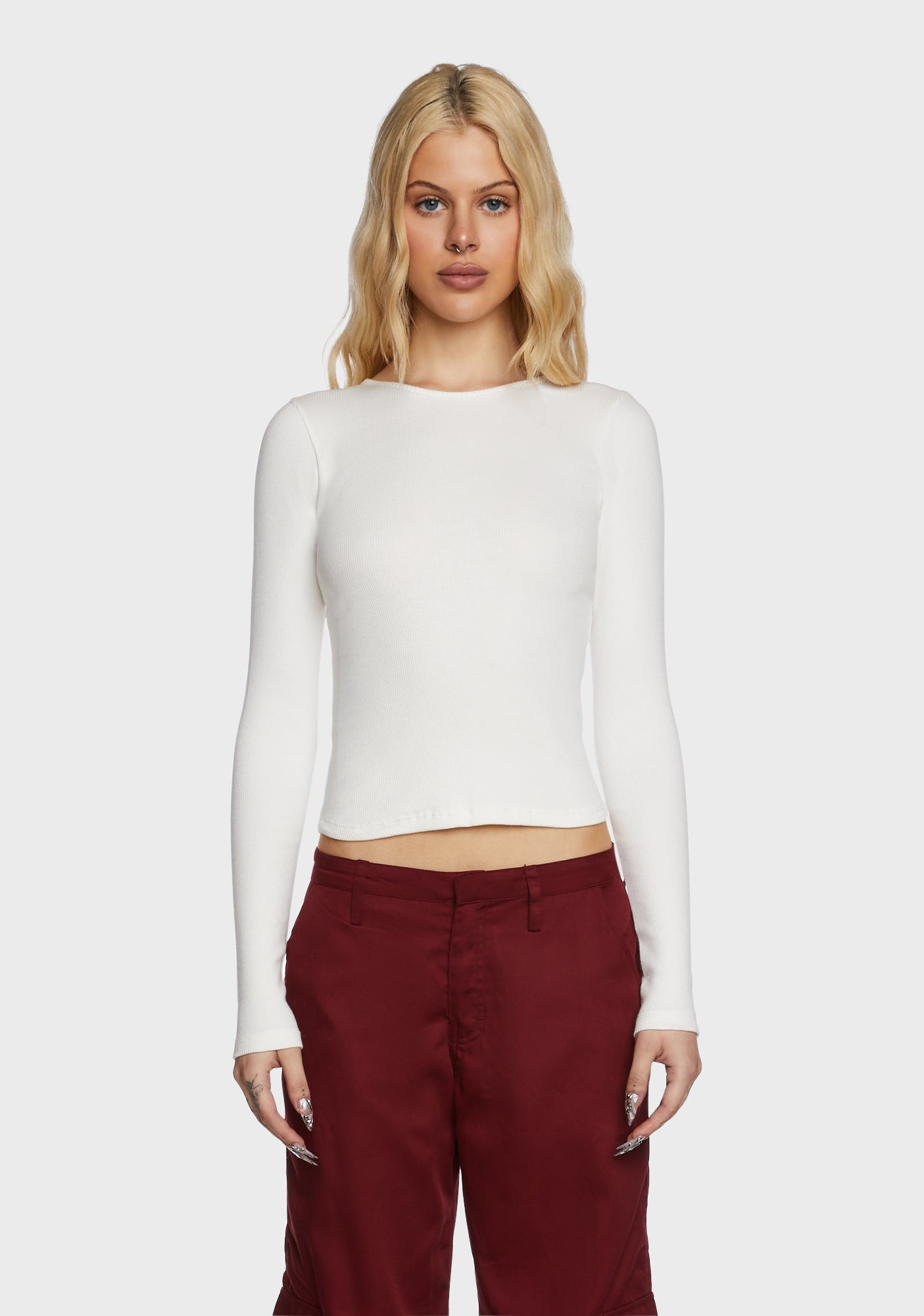 Motel Ribbed Long Sleeve Open Back Top White – Dolls Kill