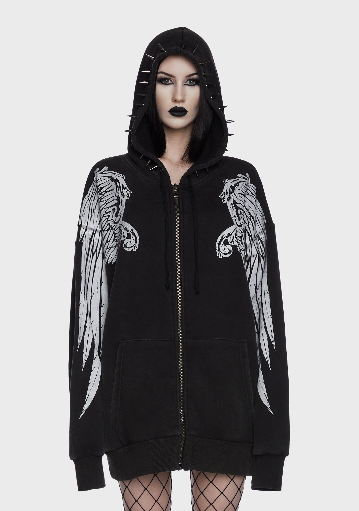 Widow Angel Print Spiked Hoodie Black – Dolls Kill