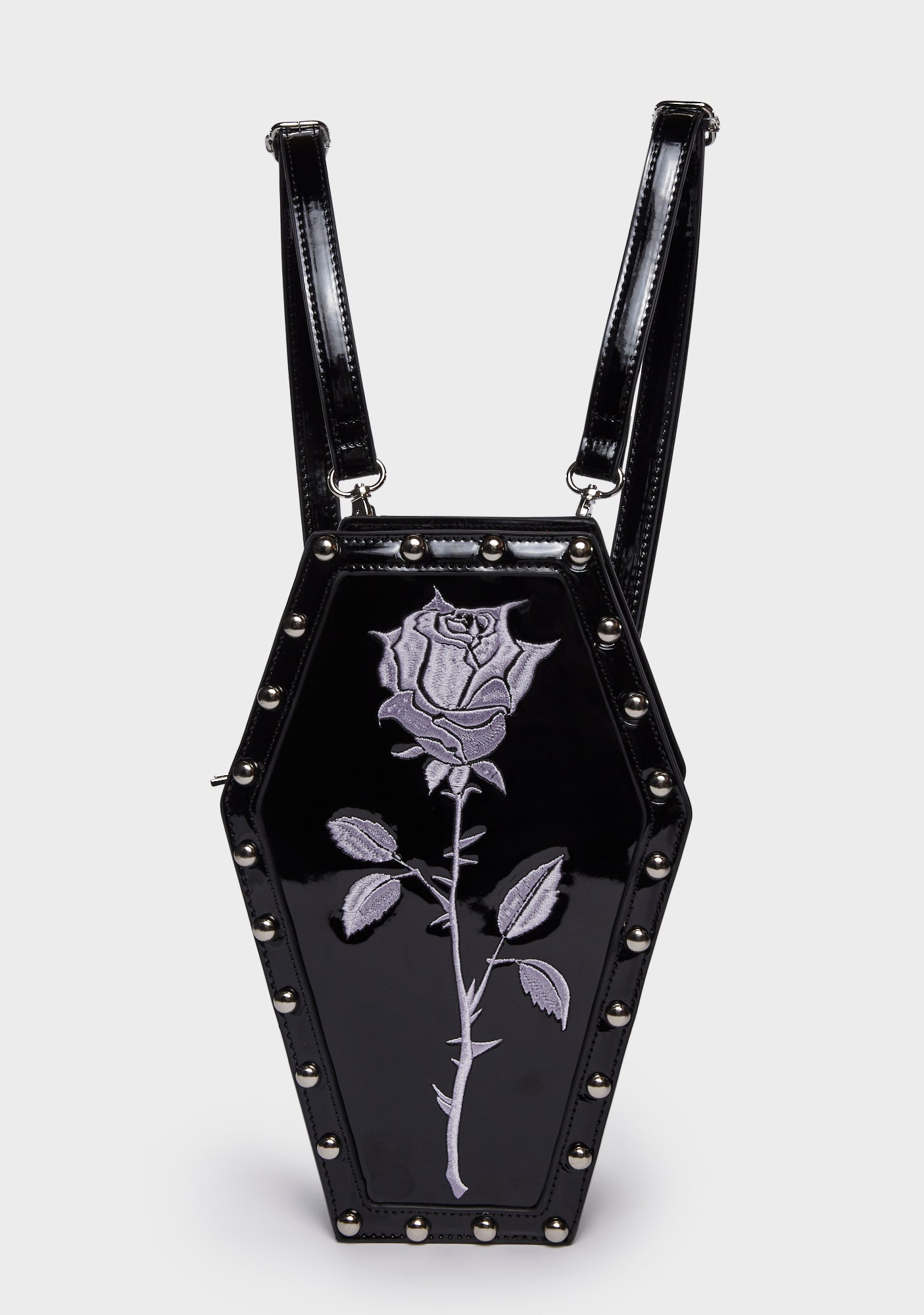 black leather backpack with roses Widow Studded Rose Coffin Backpack