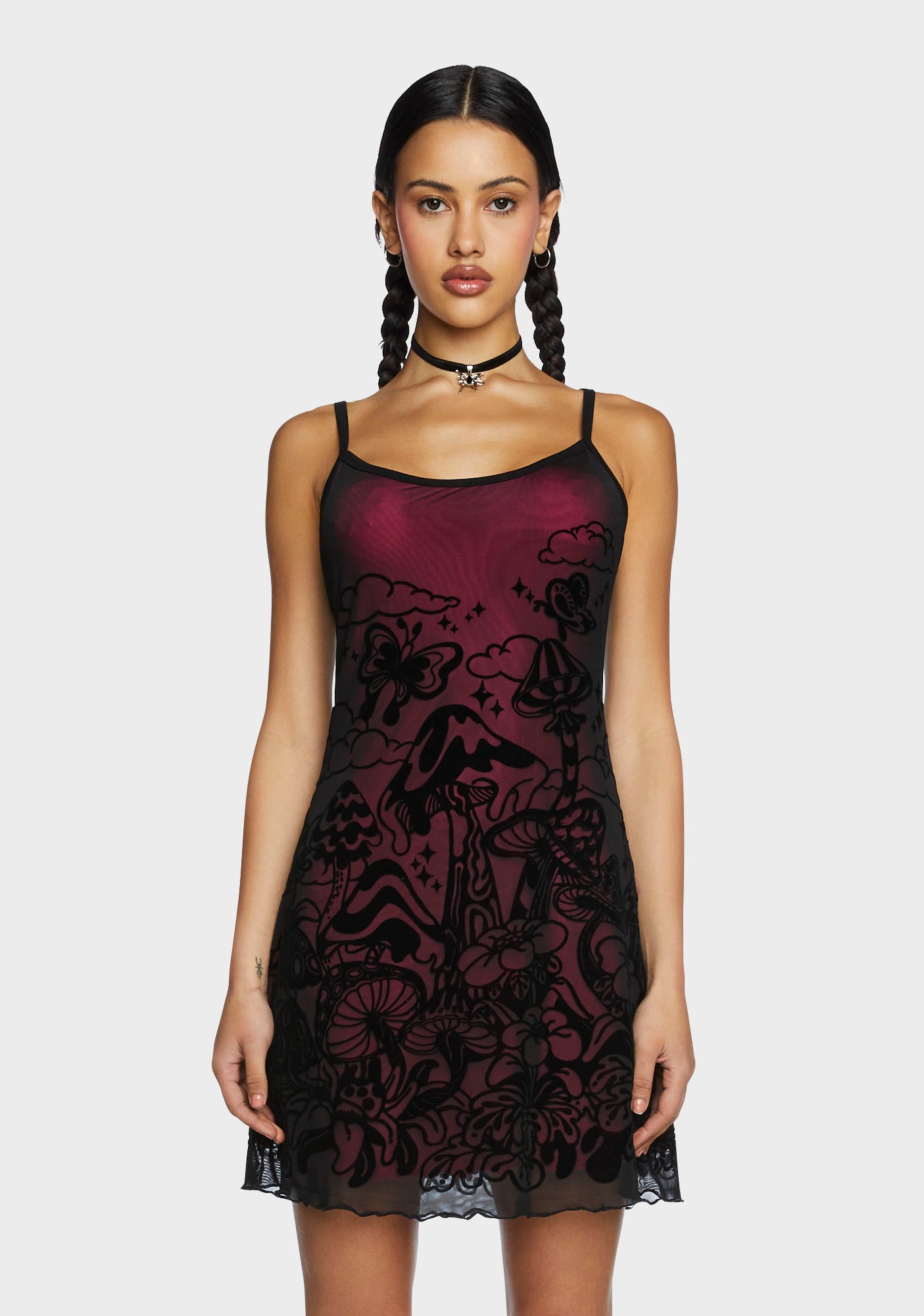 slip dress with mesh overlay Current Mood Mushroom Flocked Mini Dress