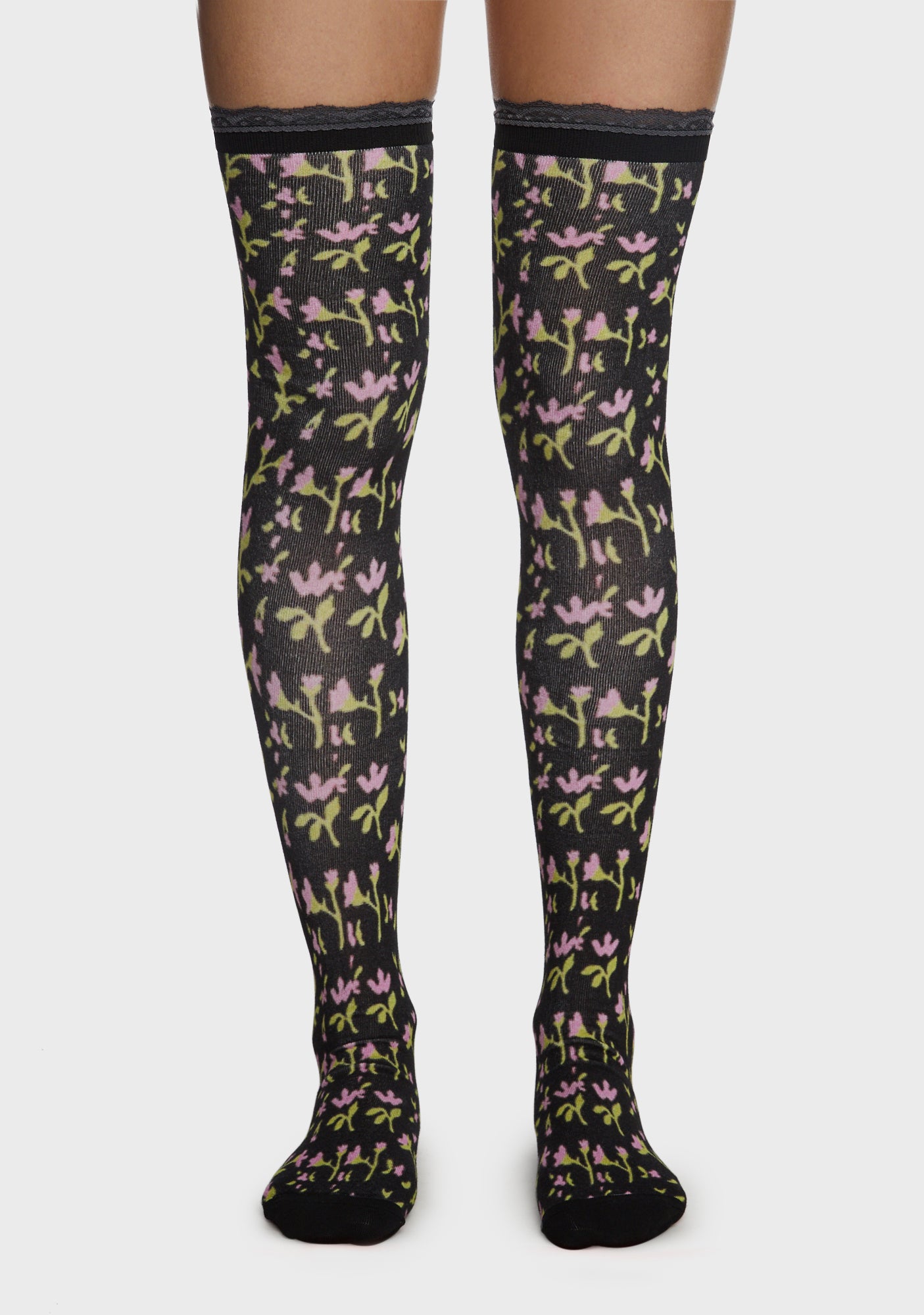 Floral Print Lace Thigh High Socks - Black