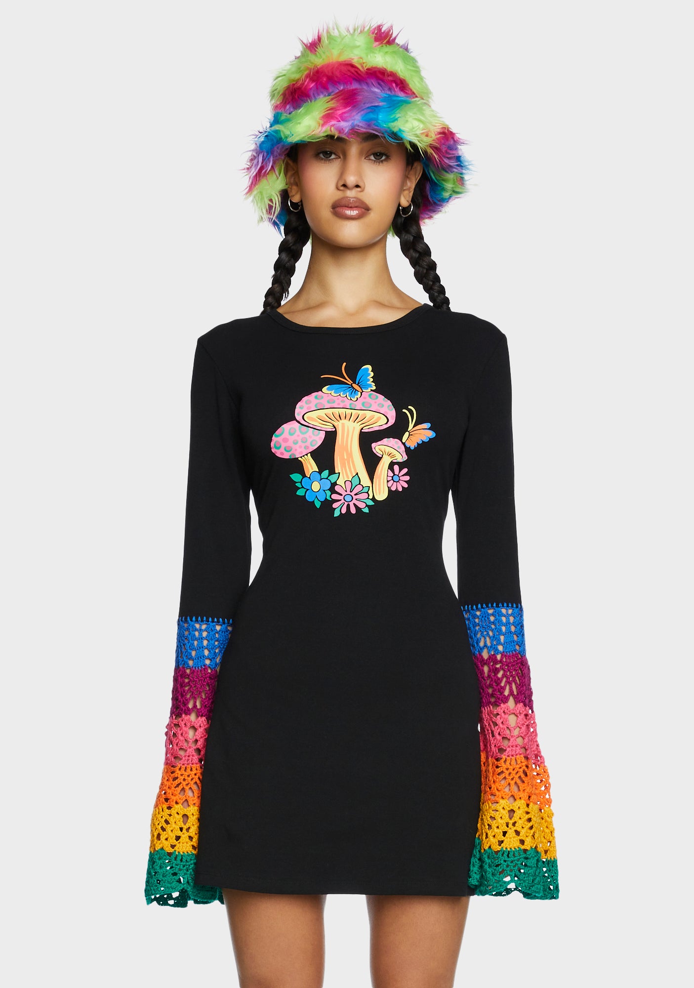 Current Mood Rainbow Crochet Bell Sleeve Dress - Black Dolls Kill Current Mood Rainbow Crochet Bell Sleeve Dress - Black Dolls Kill